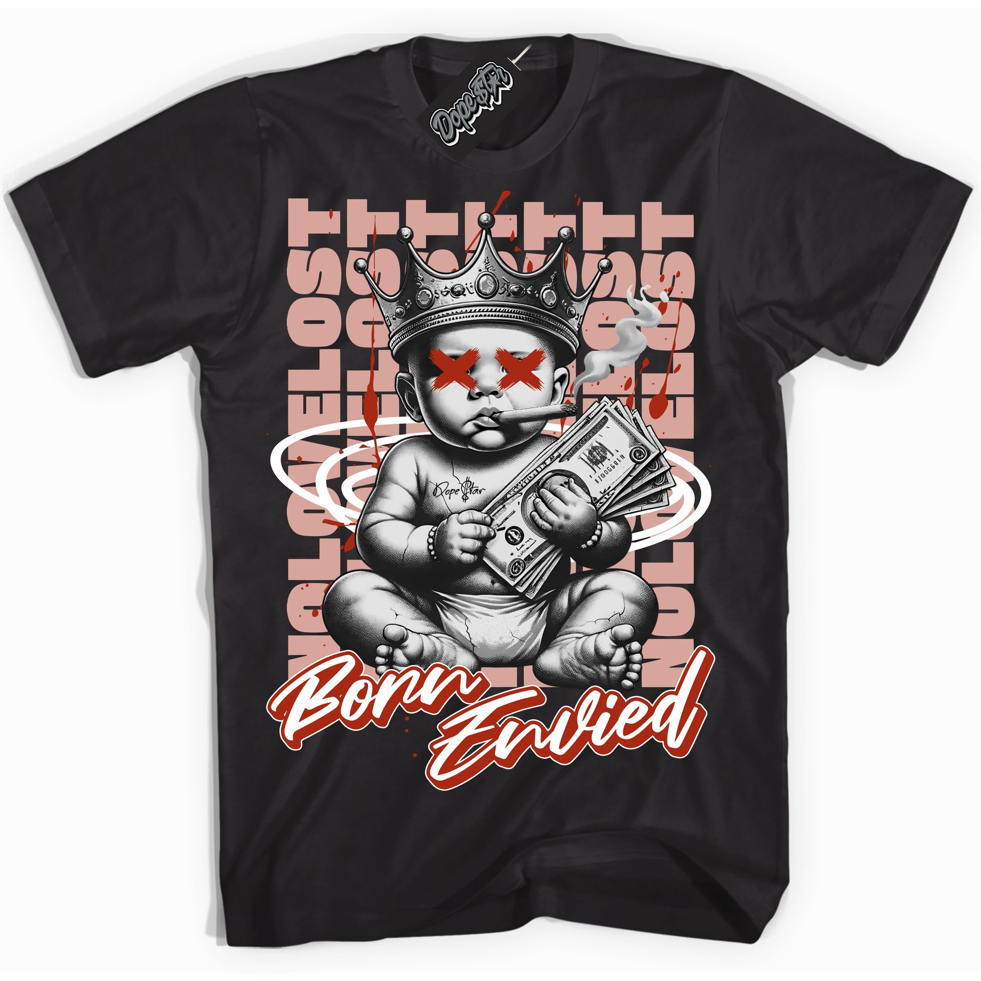 Cool Black Shirt with “Born Envied” design that perfectly matches Red Stardust Dunk.