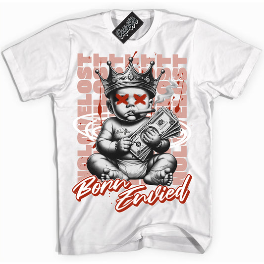 Cool White Shirt with “Born Envied” design that perfectly matches Red Stardust Dunk.