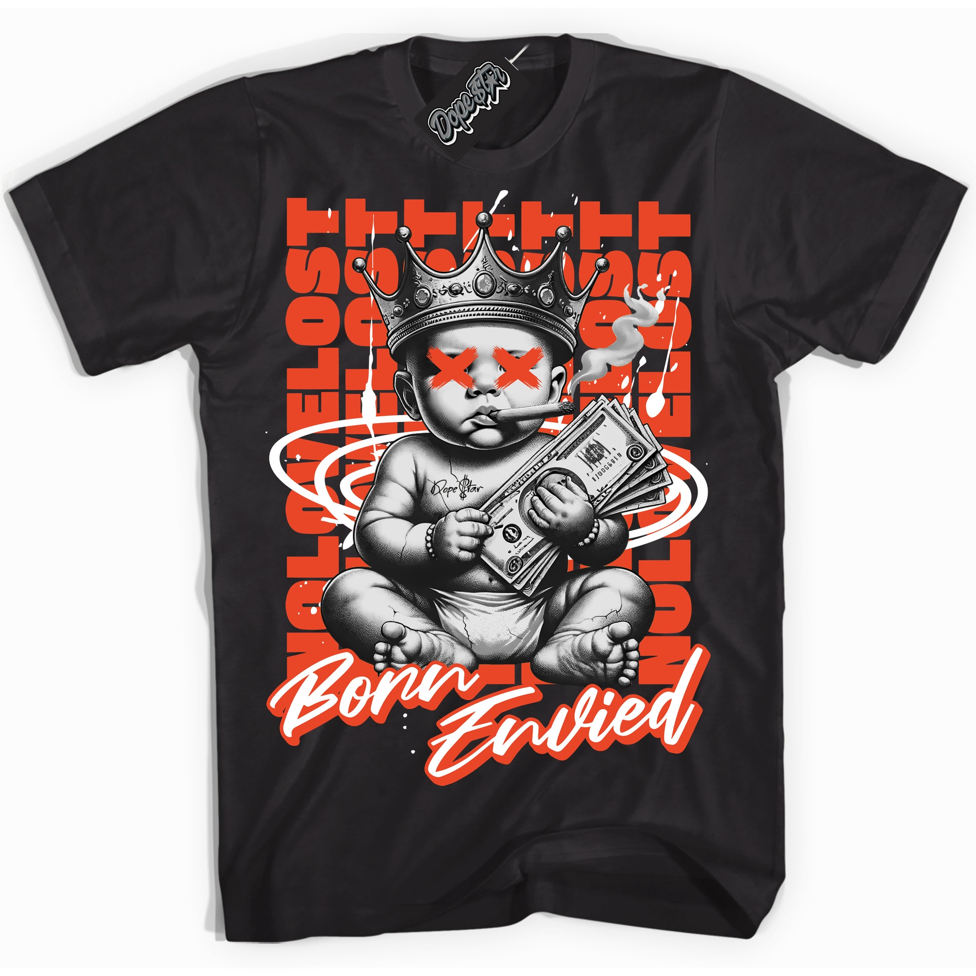 Cool Black Shirt with “Born Envied” design that perfectly matches Cosmic Clay Dunk.
