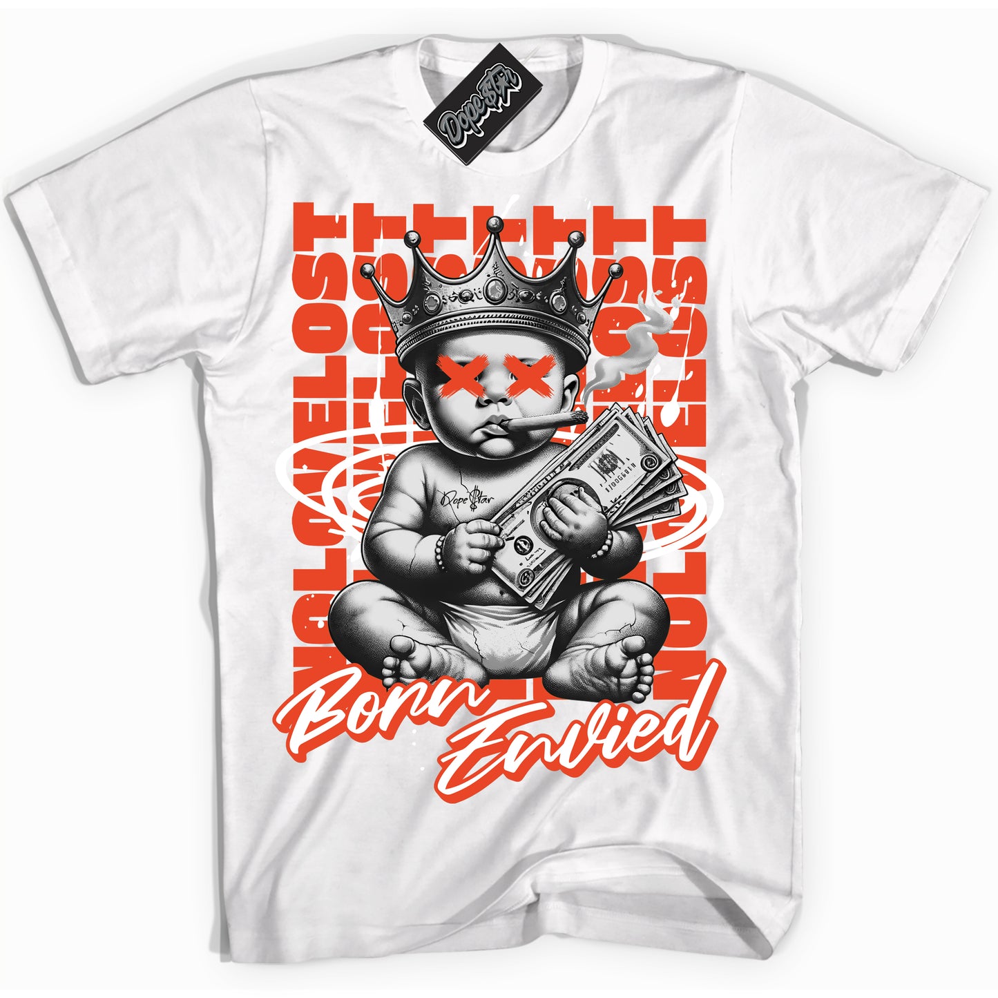 Cool White Shirt with “Born Envied” design that perfectly matches Cosmic Clay Dunk.