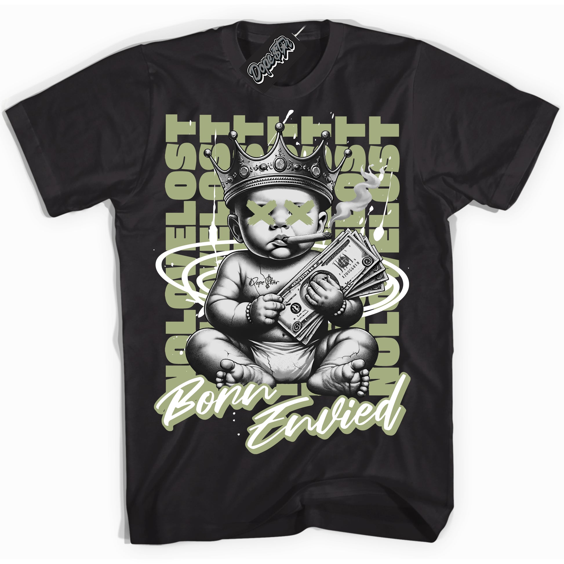 Cool Black Shirt with “Born Envied” design that perfectly matches Safari Oil Green Dunk.