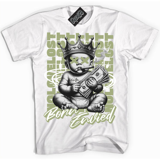 Cool White Shirt with “Born Envied” design that perfectly matches Safari Oil Green Dunk.