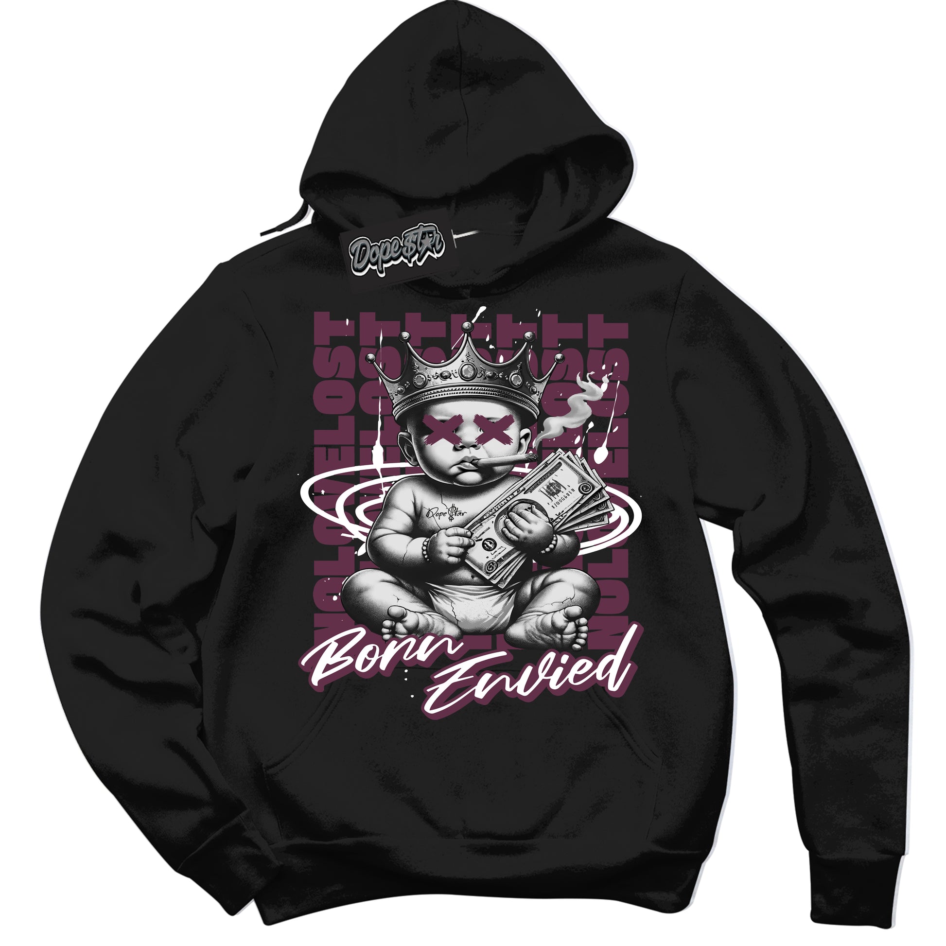 Cool Black Hoodie with “Born Envied” design that Perfectly Matches White Viotech Dunk Sneakers.