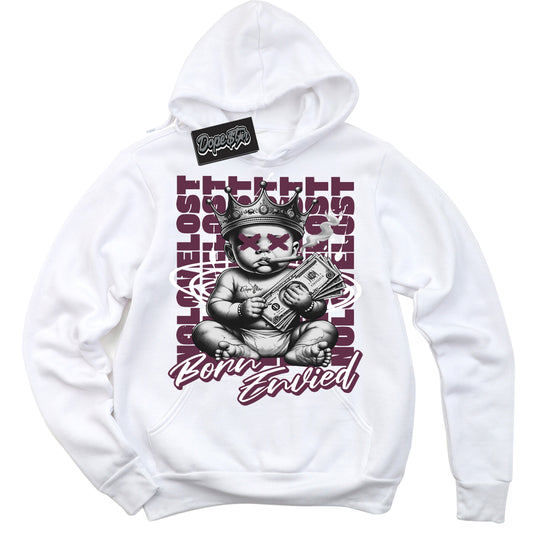 Cool White Hoodie with “Born Envied” design that Perfectly Matches White Viotech Dunk Sneakers.