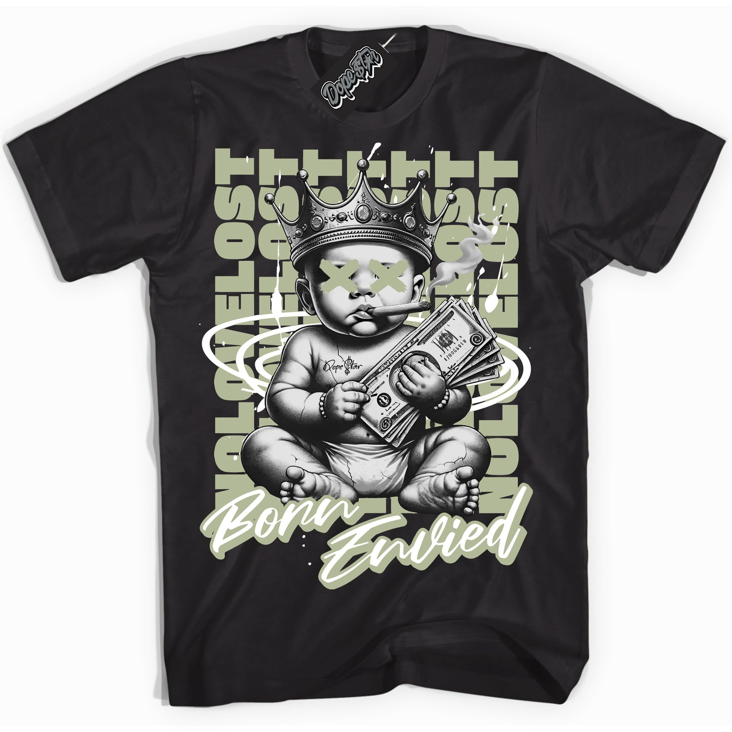 Cool Black Shirt with “Born Envied” design that perfectly matches Next Nature Olive Aura Dunk.
