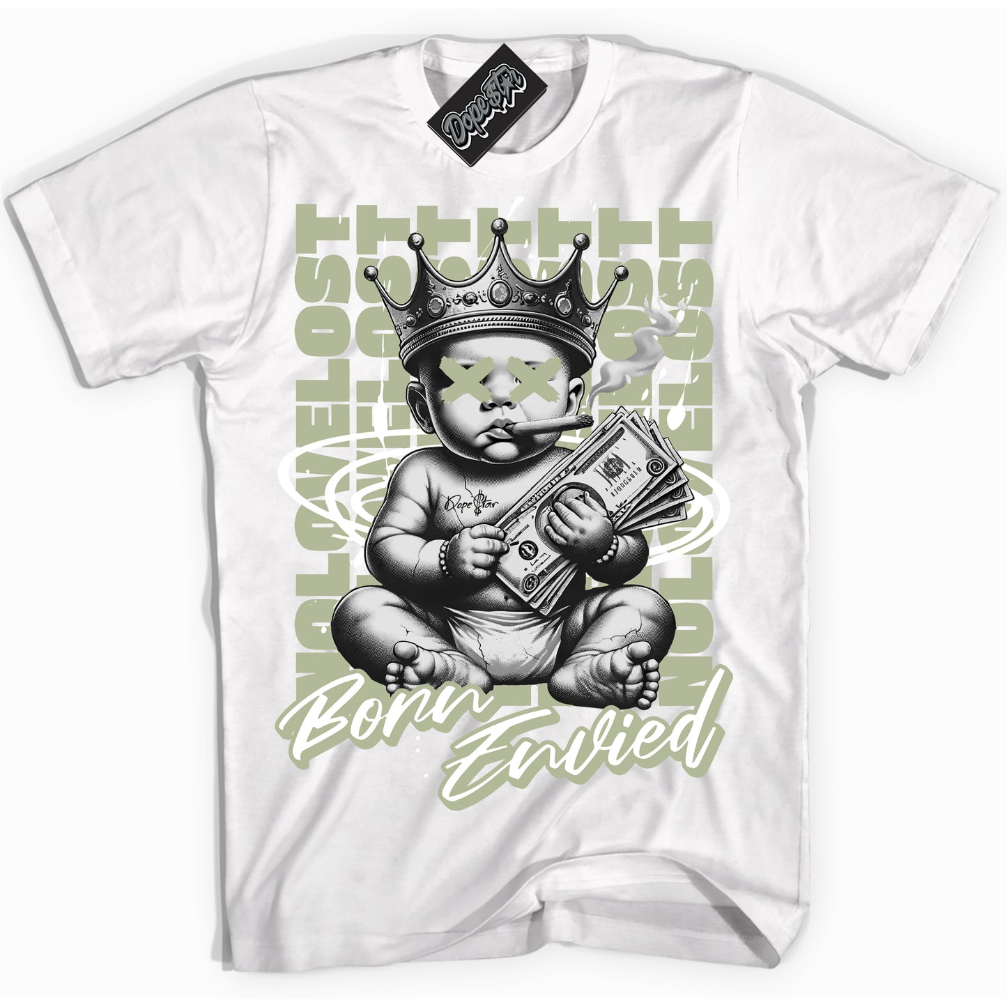 Cool White Shirt with “Born Envied” design that perfectly matches Next Nature Olive Aura Dunk.