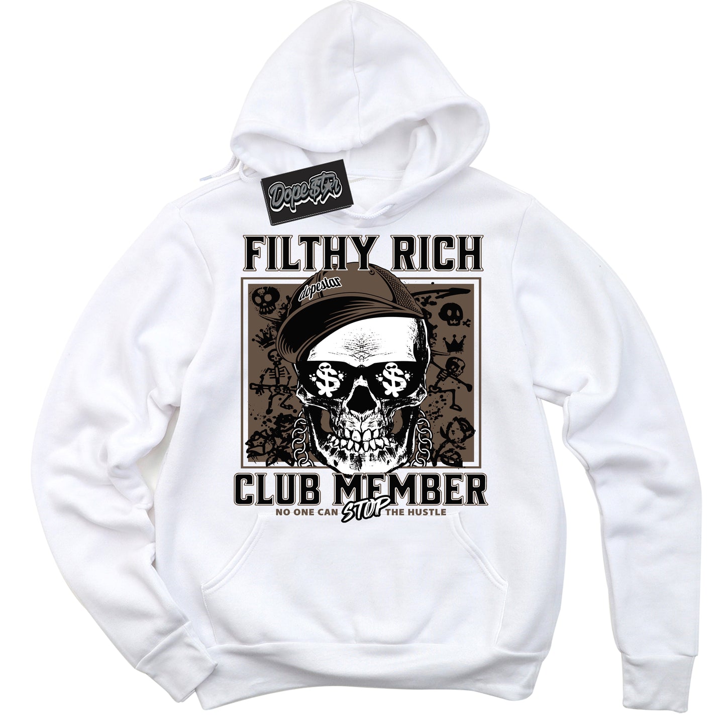 Cool White Hoodie with “Filthy Rich” design that Perfectly Matches Jumpman Jack TR Travis Scott Dark Mocha Sneakers.
