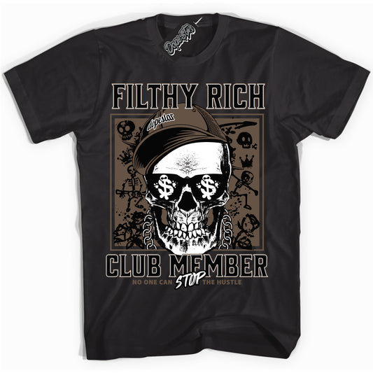 Cool Black Shirt with “Filthy Rich” design that perfectly matches the Jumpman Jack TR Travis Scott Dark Mocha Sneakers.
