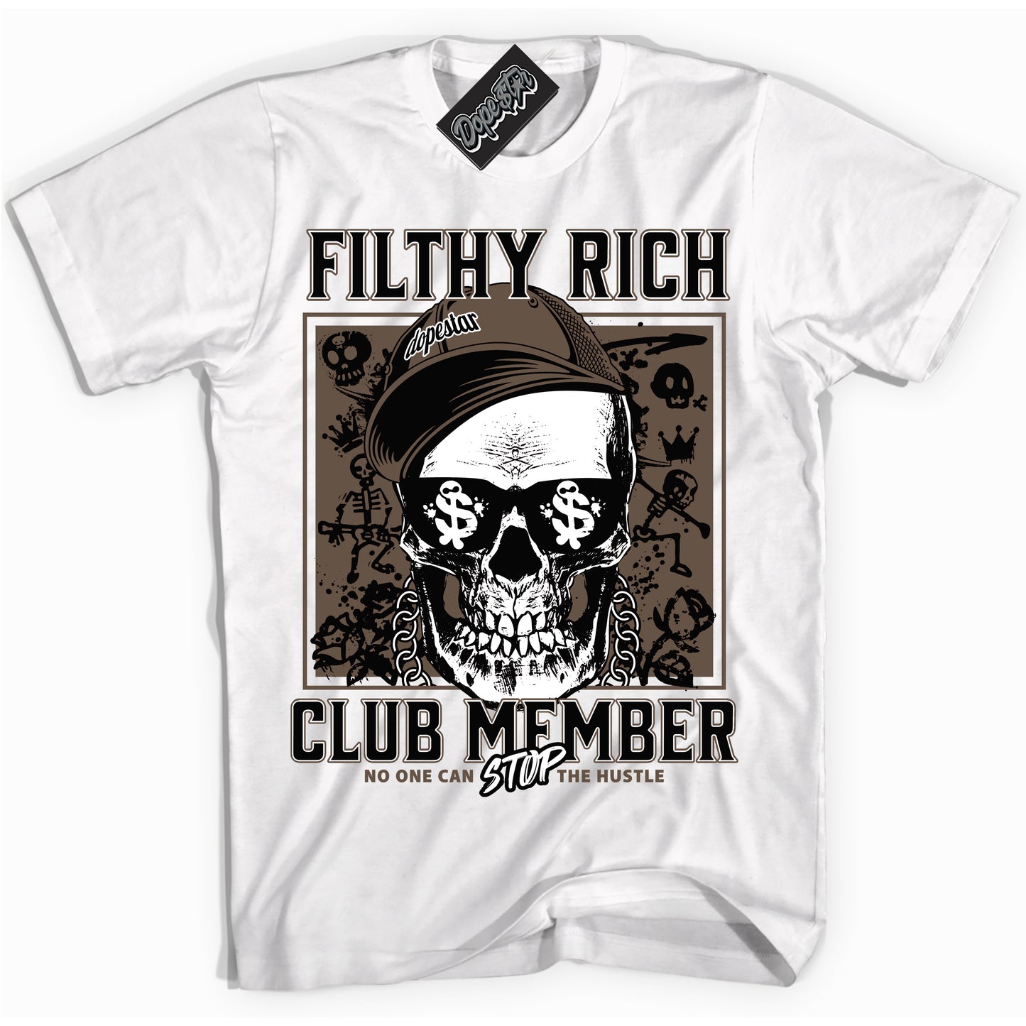Cool White Shirt with “Filthy Rich” design that perfectly matches the Jumpman Jack TR Travis Scott Dark Mocha Sneakers.
