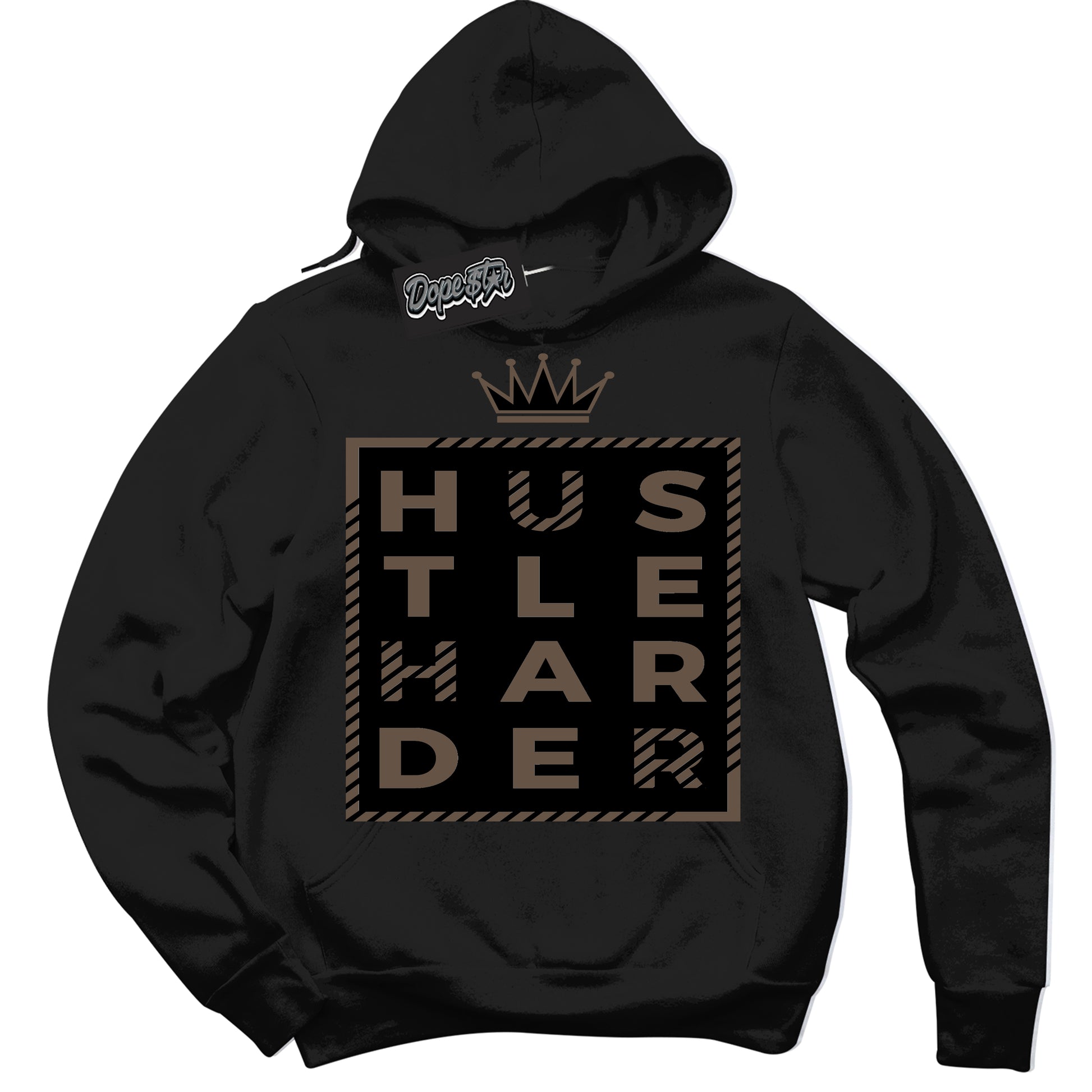 Cool Black Hoodie with “Hustle Harder” design that Perfectly Matches Jumpman Jack TR Travis Scott Dark Mocha Sneakers.
