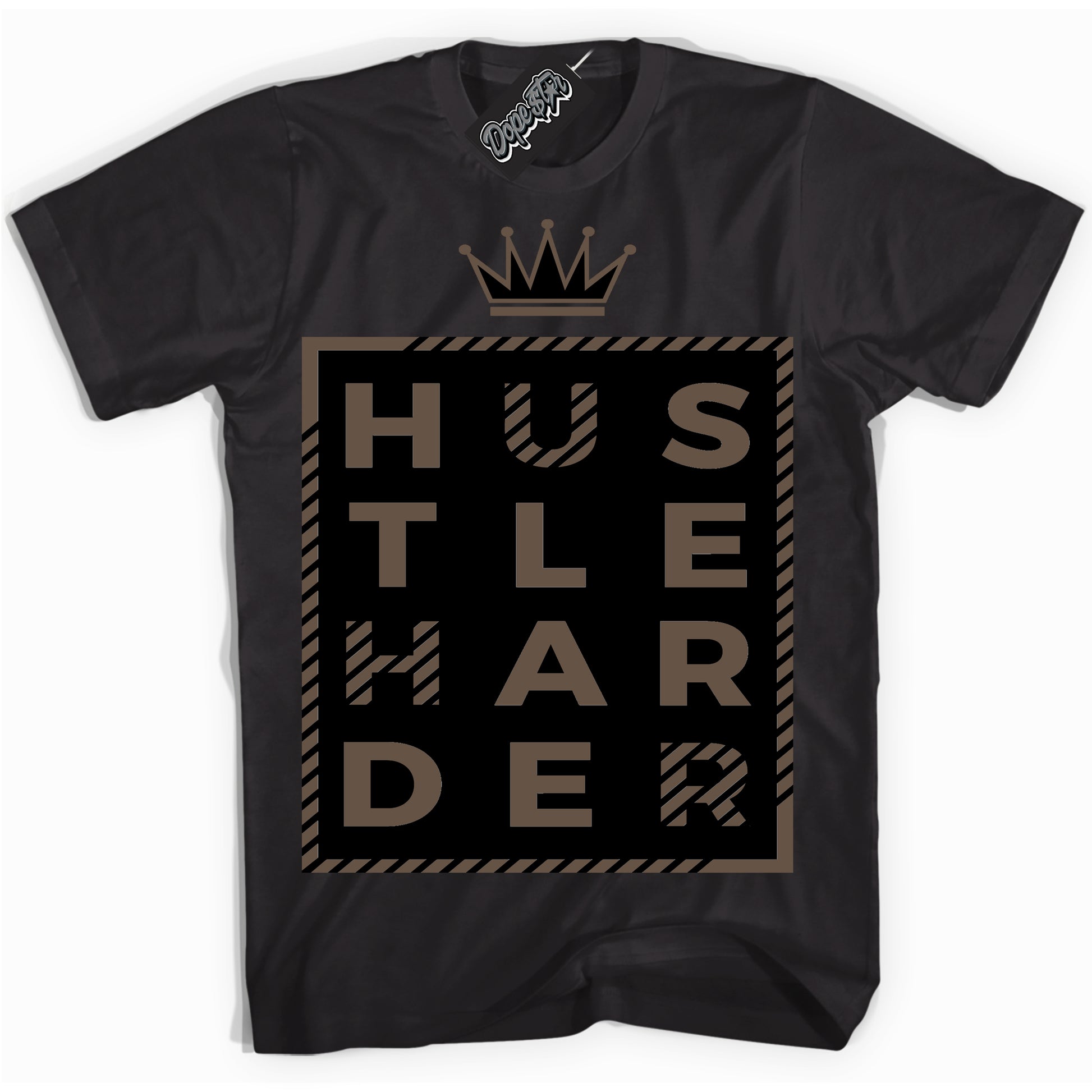 Cool Black Shirt with “Hustle Harder” design that perfectly matches the Jumpman Jack TR Travis Scott Dark Mocha Sneakers.
