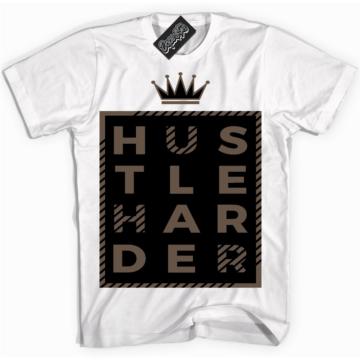 Cool White Shirt with “Hustle Harder” design that perfectly matches the Jumpman Jack TR Travis Scott Dark Mocha Sneakers.

