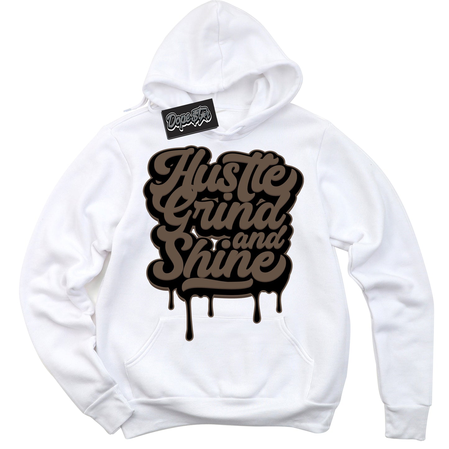 Cool White Hoodie with “Hustle Grind And Shine” design that Perfectly Matches Jumpman Jack TR Travis Scott Dark Mocha Sneakers.
