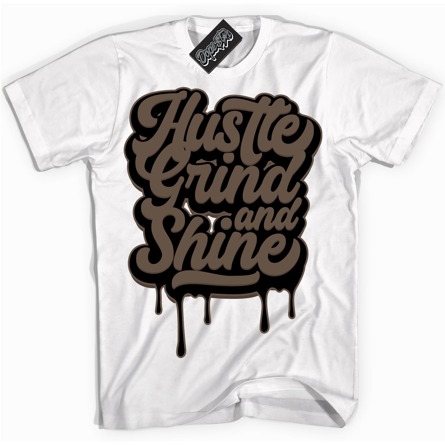 Cool White Shirt with “Hustle Grind And Shine” design that perfectly matches the Jumpman Jack TR Travis Scott Dark Mocha Sneakers.
