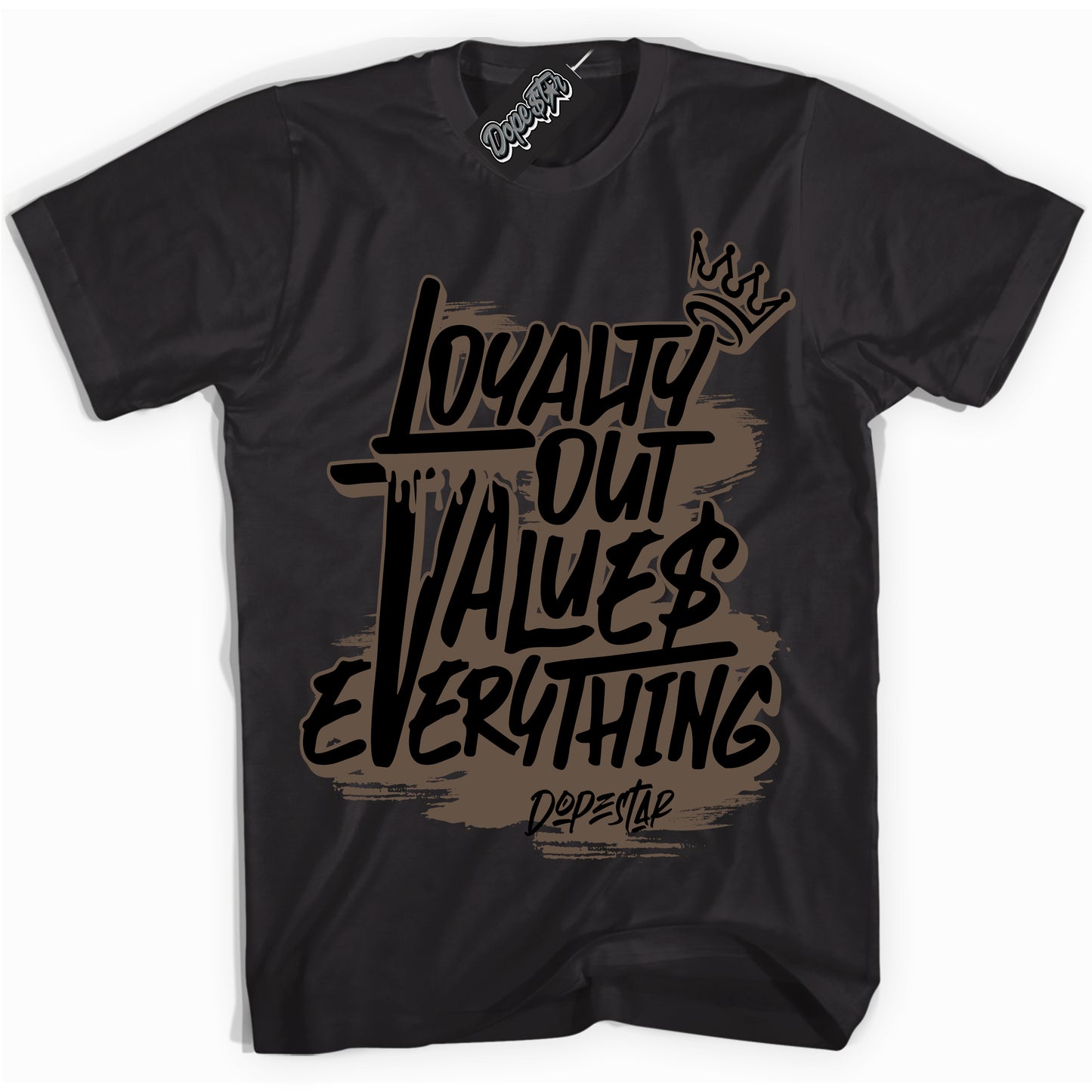 Cool Black Shirt with “Loyalty Out Values Everything” design that perfectly matches the Jumpman Jack TR Travis Scott Dark Mocha Sneakers.
