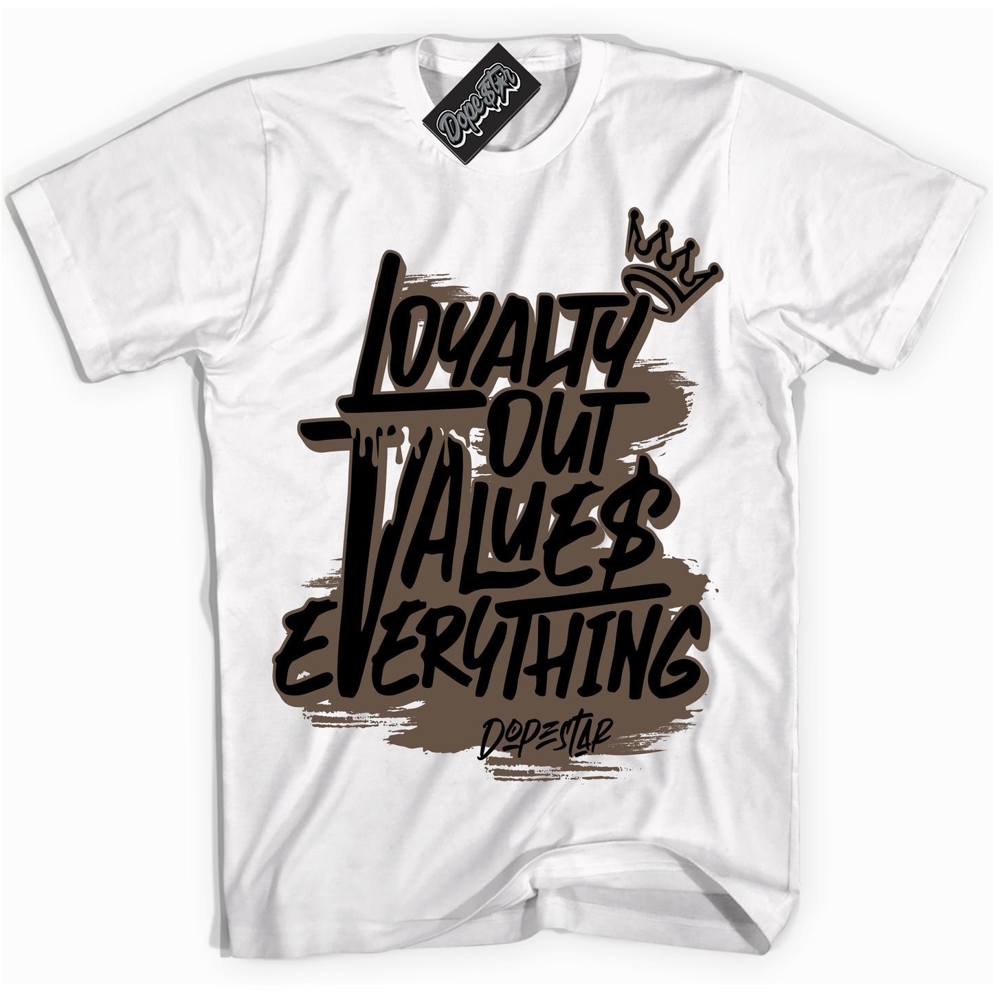 Cool White Shirt with “Loyalty Out Values Everything” design that perfectly matches the Jumpman Jack TR Travis Scott Dark Mocha Sneakers.
