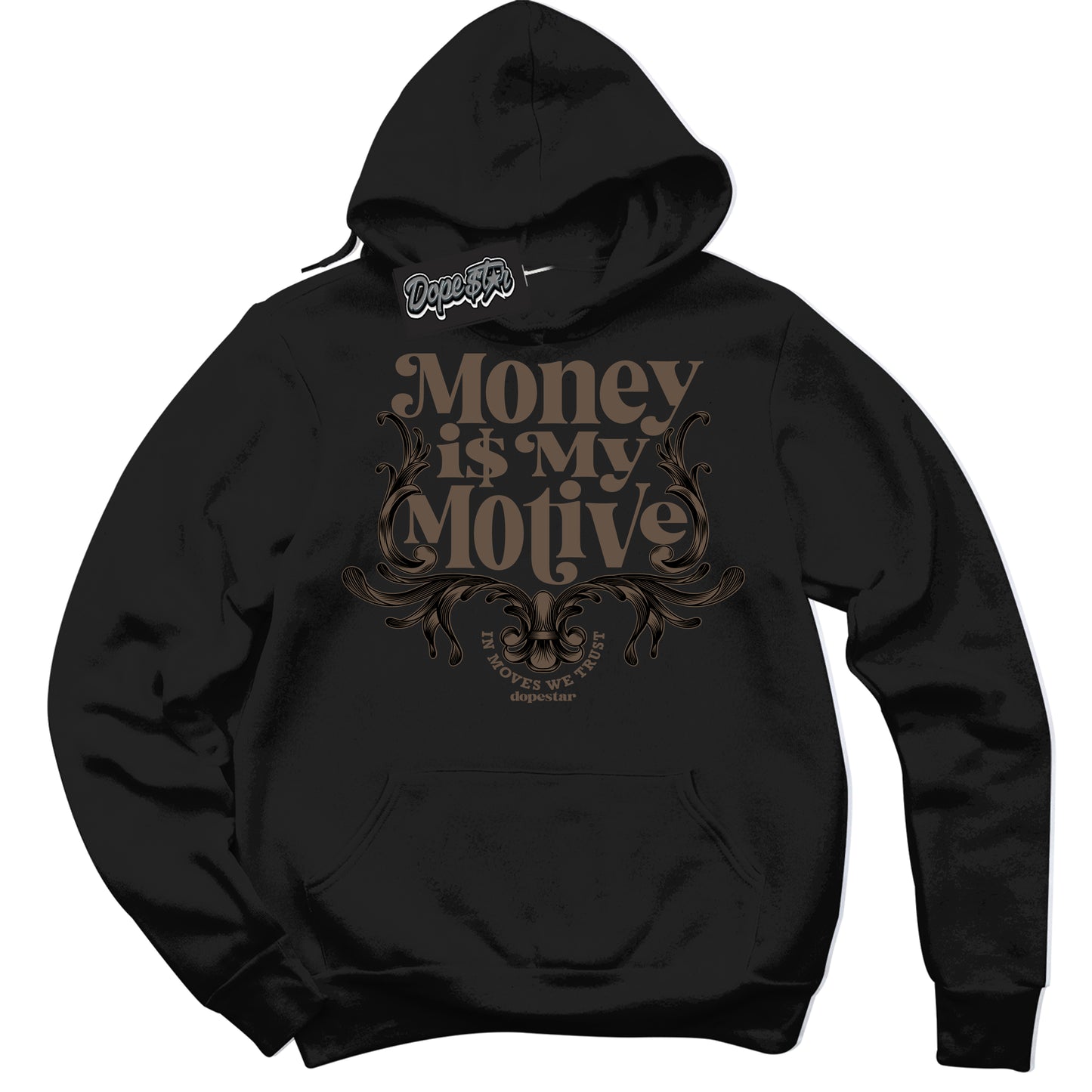 Cool Black Hoodie with “Money Is My Motive” design that Perfectly Matches Jumpman Jack TR Travis Scott Dark Mocha Sneakers.
