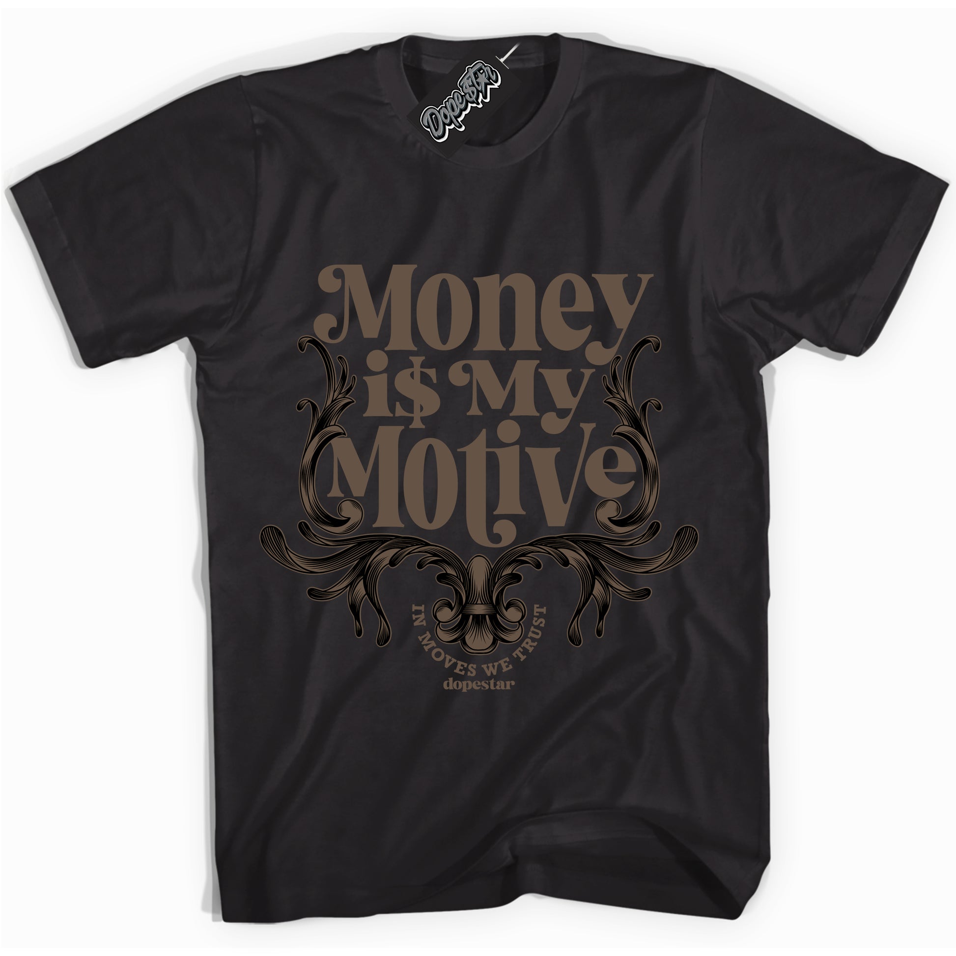 Cool Black Shirt with “Money Is My Motive” design that perfectly matches the Jumpman Jack TR Travis Scott Dark Mocha Sneakers.
