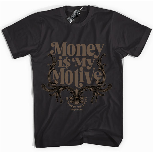 Cool Black Shirt with “Money Is My Motive” design that perfectly matches the Jumpman Jack TR Travis Scott Dark Mocha Sneakers.

