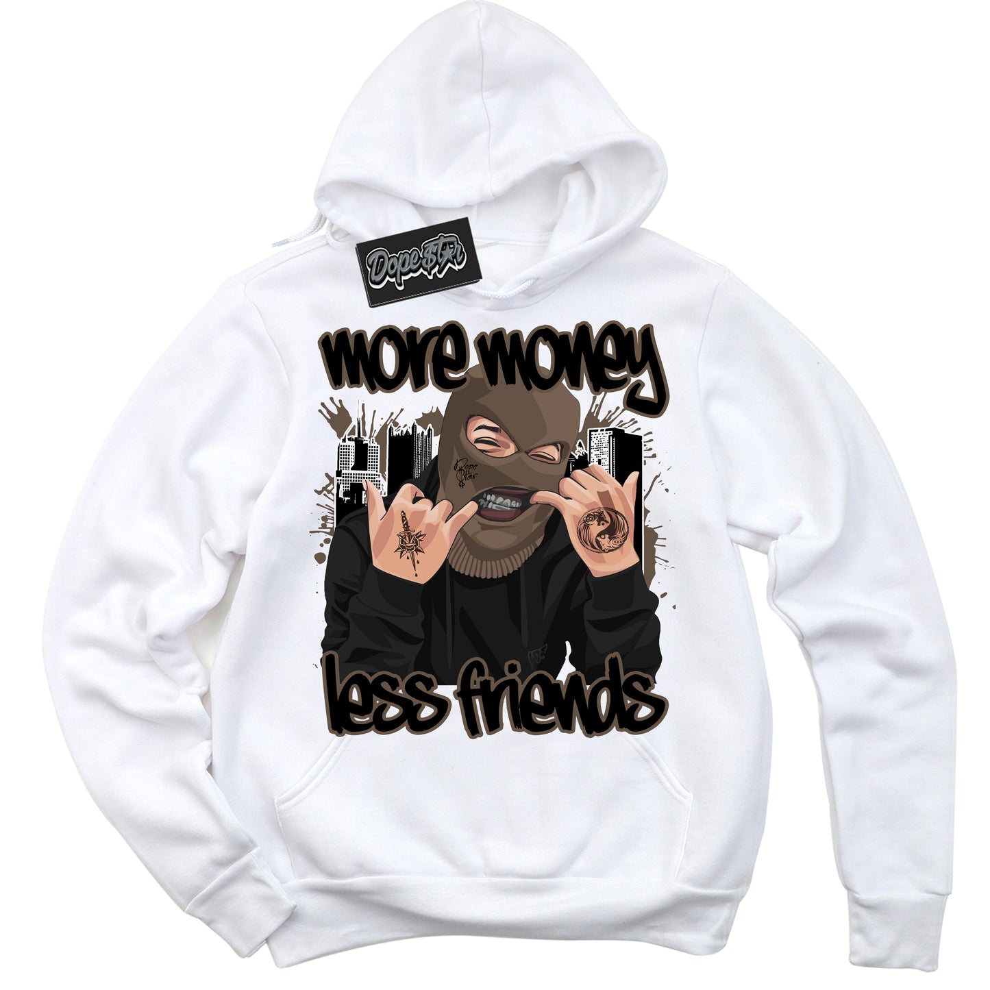 Cool White Hoodie with “More Money Less Friends” design that Perfectly Matches Jumpman Jack TR Travis Scott Dark Mocha Sneakers.
