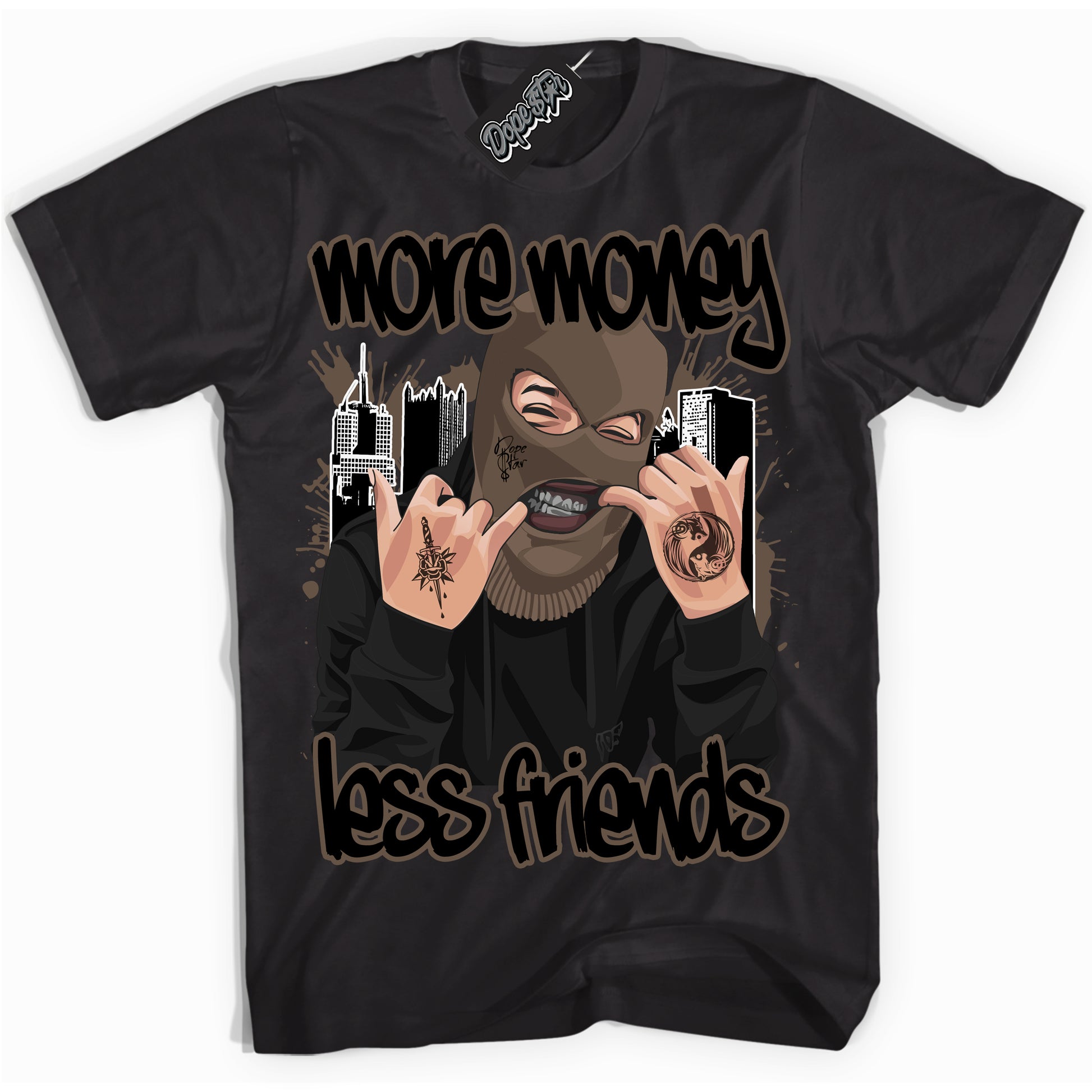 Cool Black Shirt with “More Money Less Friends” design that perfectly matches the Jumpman Jack TR Travis Scott Dark Mocha Sneakers.
