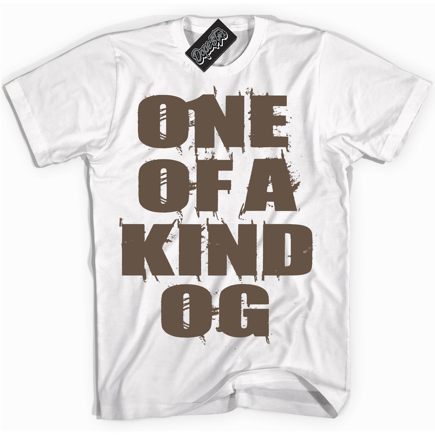 Cool White Shirt with “One Of A Kind” design that perfectly matches the Jumpman Jack TR Travis Scott Dark Mocha Sneakers.
