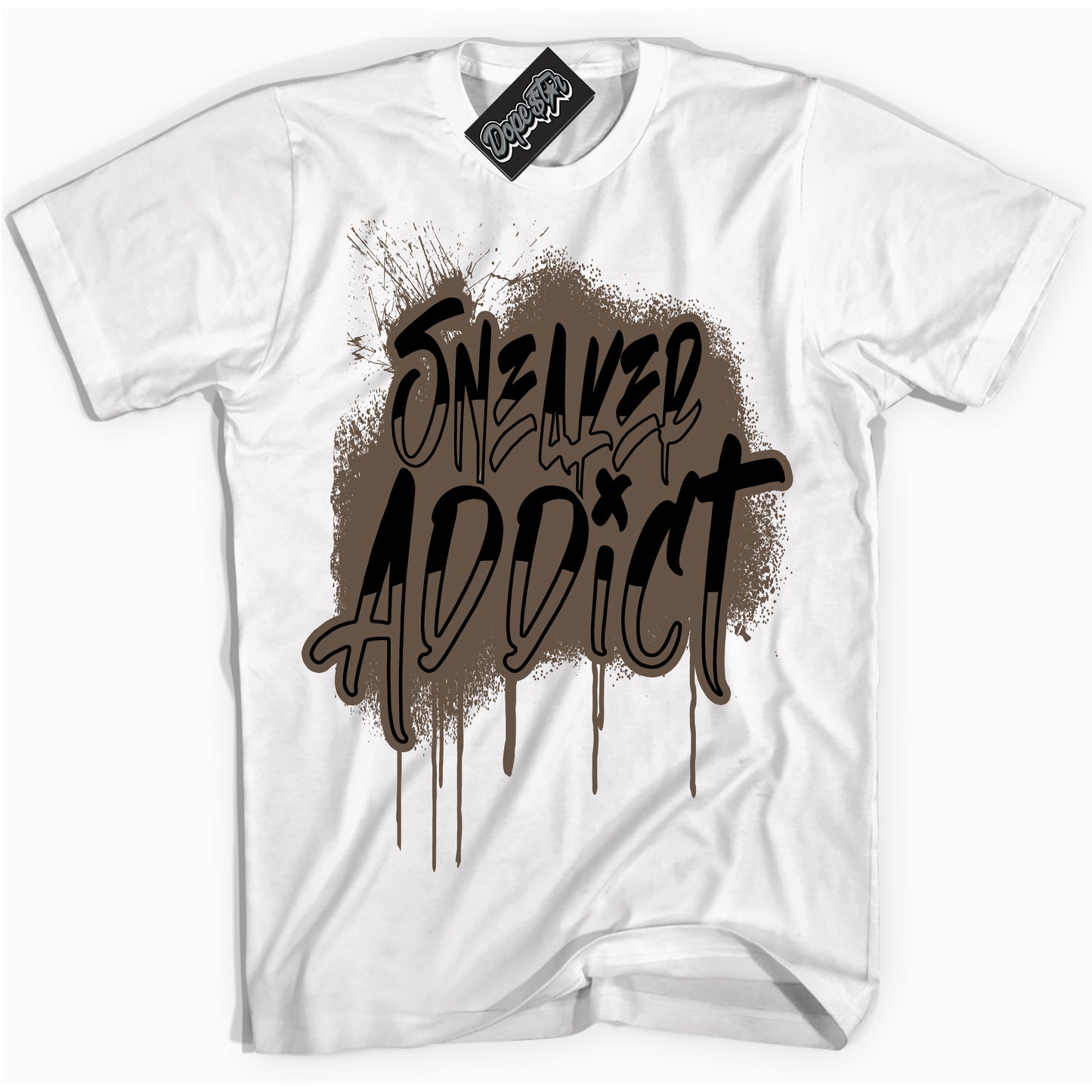 Cool White Shirt with “Sneaker Addict” design that perfectly matches the Jumpman Jack TR Travis Scott Dark Mocha Sneakers.
