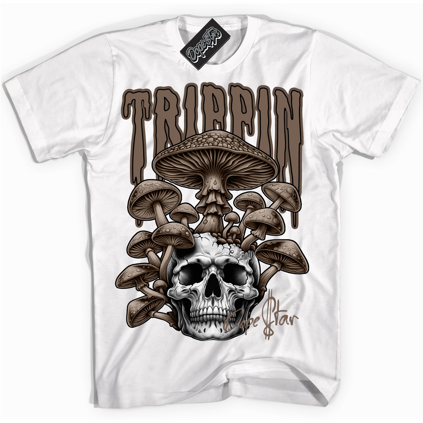 Cool White Shirt with “Trippin” design that perfectly matches the Jumpman Jack TR Travis Scott Dark Mocha Sneakers.
