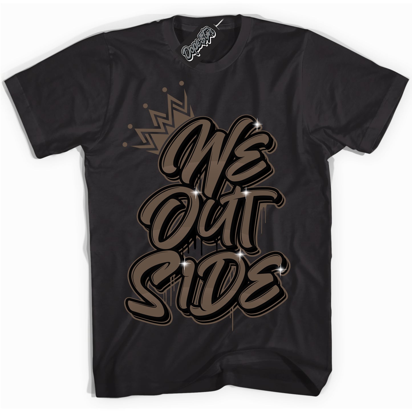 Cool Black Shirt with “We Outside” design that perfectly matches the Jumpman Jack TR Travis Scott Dark Mocha Sneakers.
