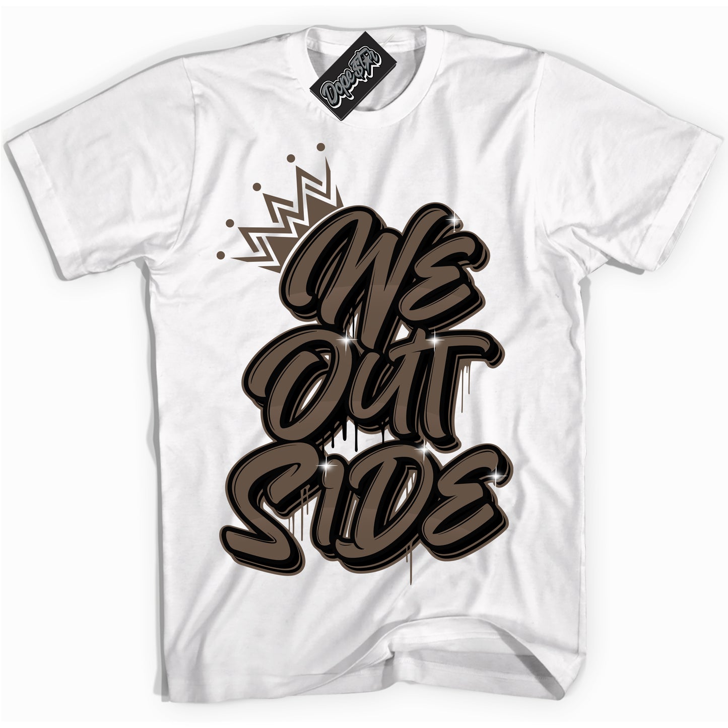 Cool White Shirt with “We Outside” design that perfectly matches the Jumpman Jack TR Travis Scott Dark Mocha Sneakers.
