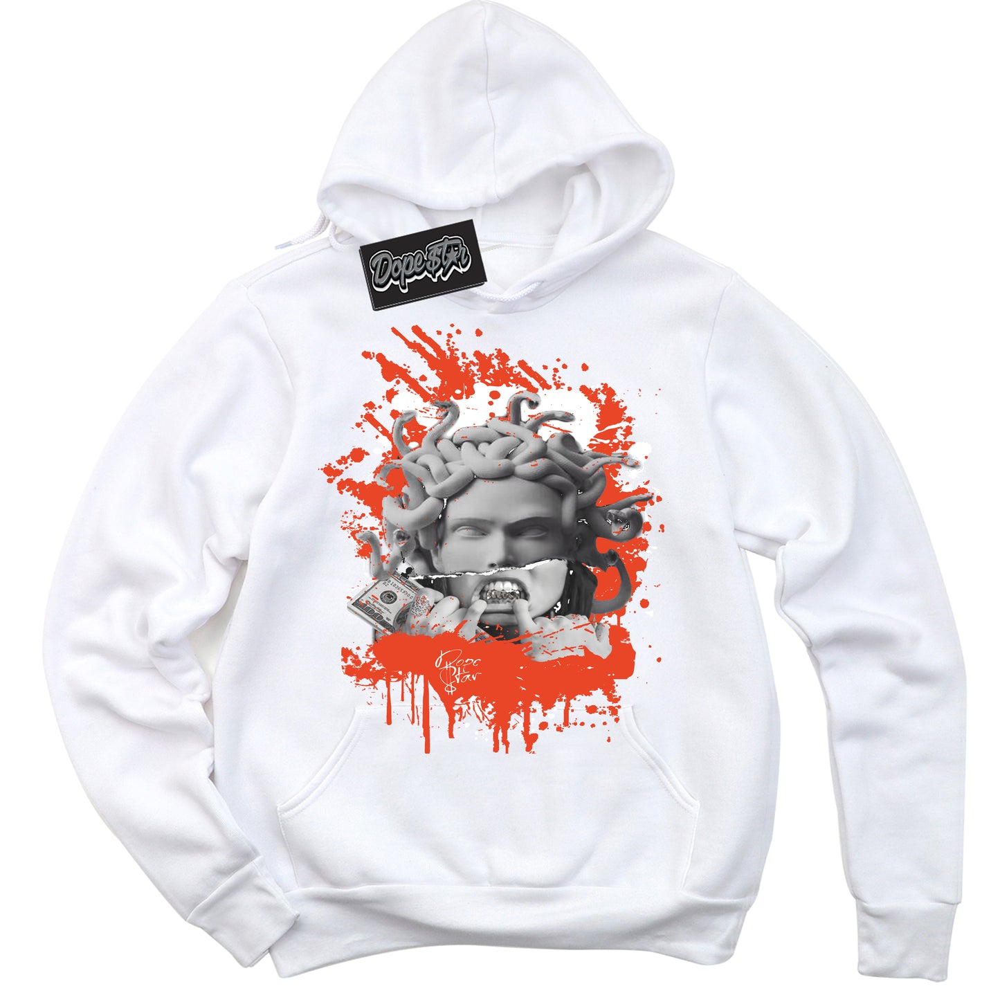 Cool White Hoodie with “Medusa” design that Perfectly Matches Cosmic Clay Dunk.
