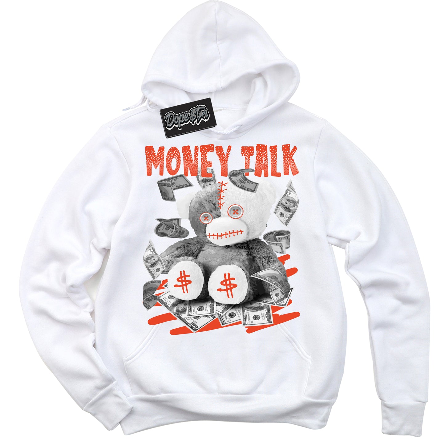 Cool White Hoodie with “Money Talk Bear” design that Perfectly Matches Cosmic Clay Dunk.
