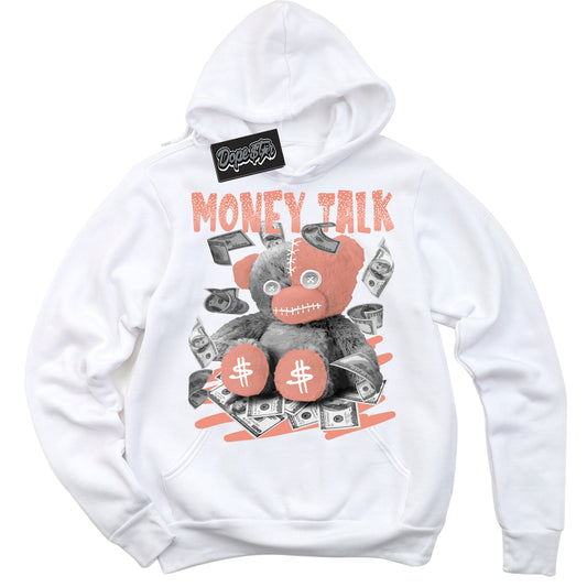 Cool White Hoodie with “Money Talk Bear” design that Perfectly Matches Light Wild Mango Dunk.
