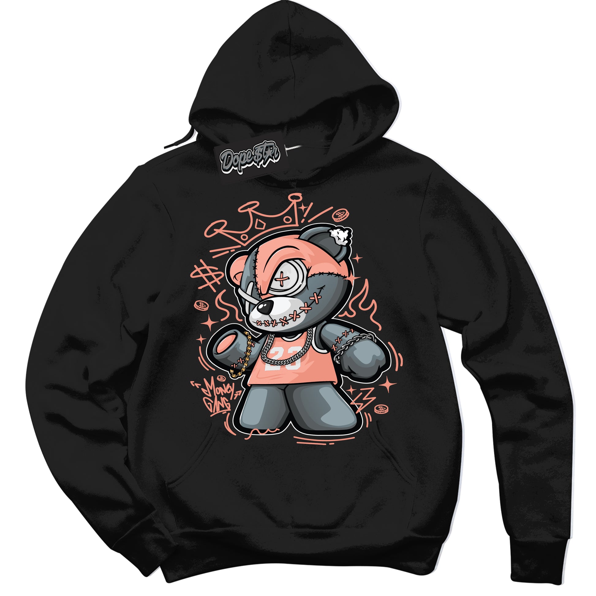 Cool Black Hoodie with “Money Gang Bear” design that Perfectly Matches Light Wild Mango Dunk.
