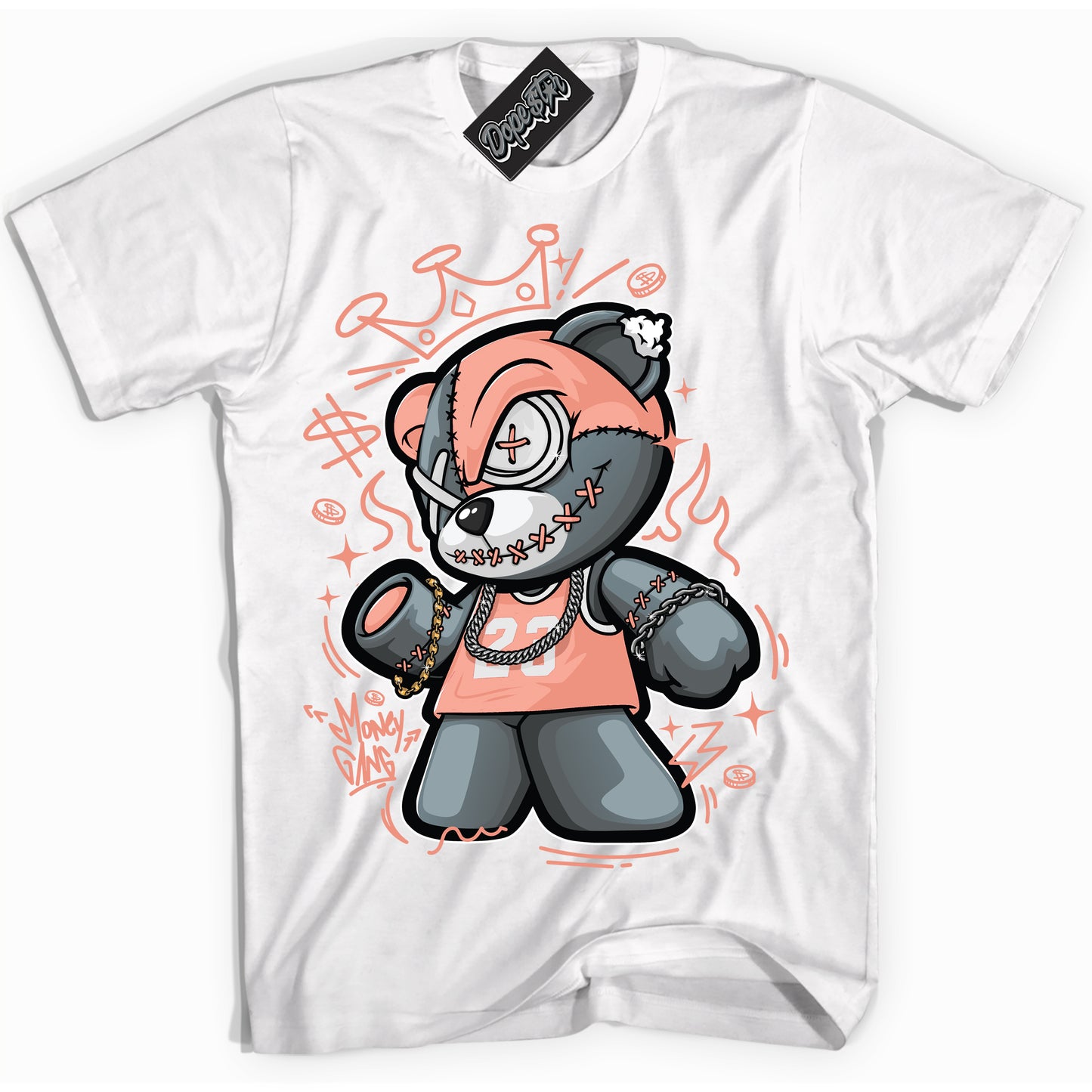 Cool White Shirt with “Money Gang Bear” design that perfectly matches Light Wild Mango Dunk.
