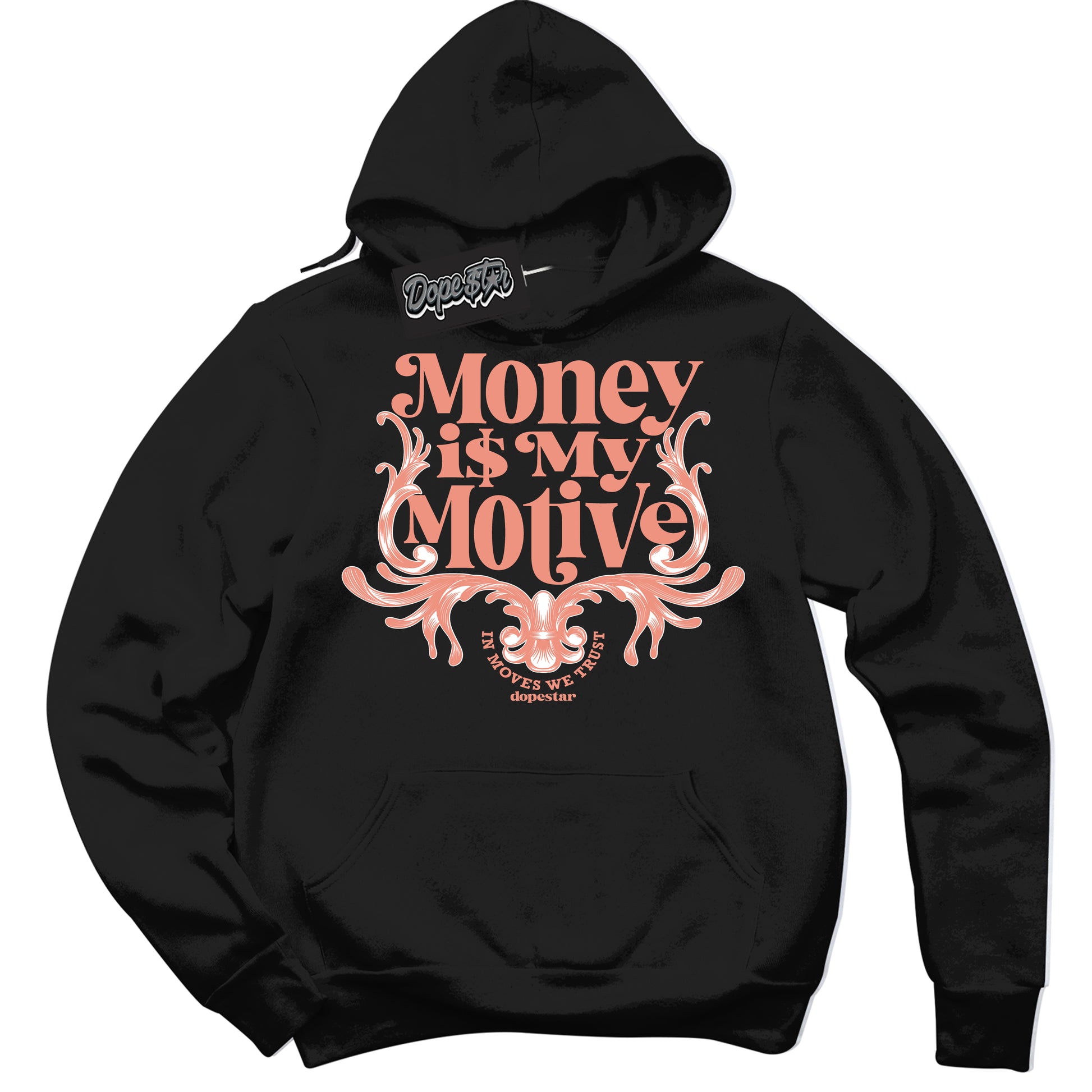 Cool Black Hoodie with “Money Is My Motive” design that Perfectly Matches Light Wild Mango Dunk.
