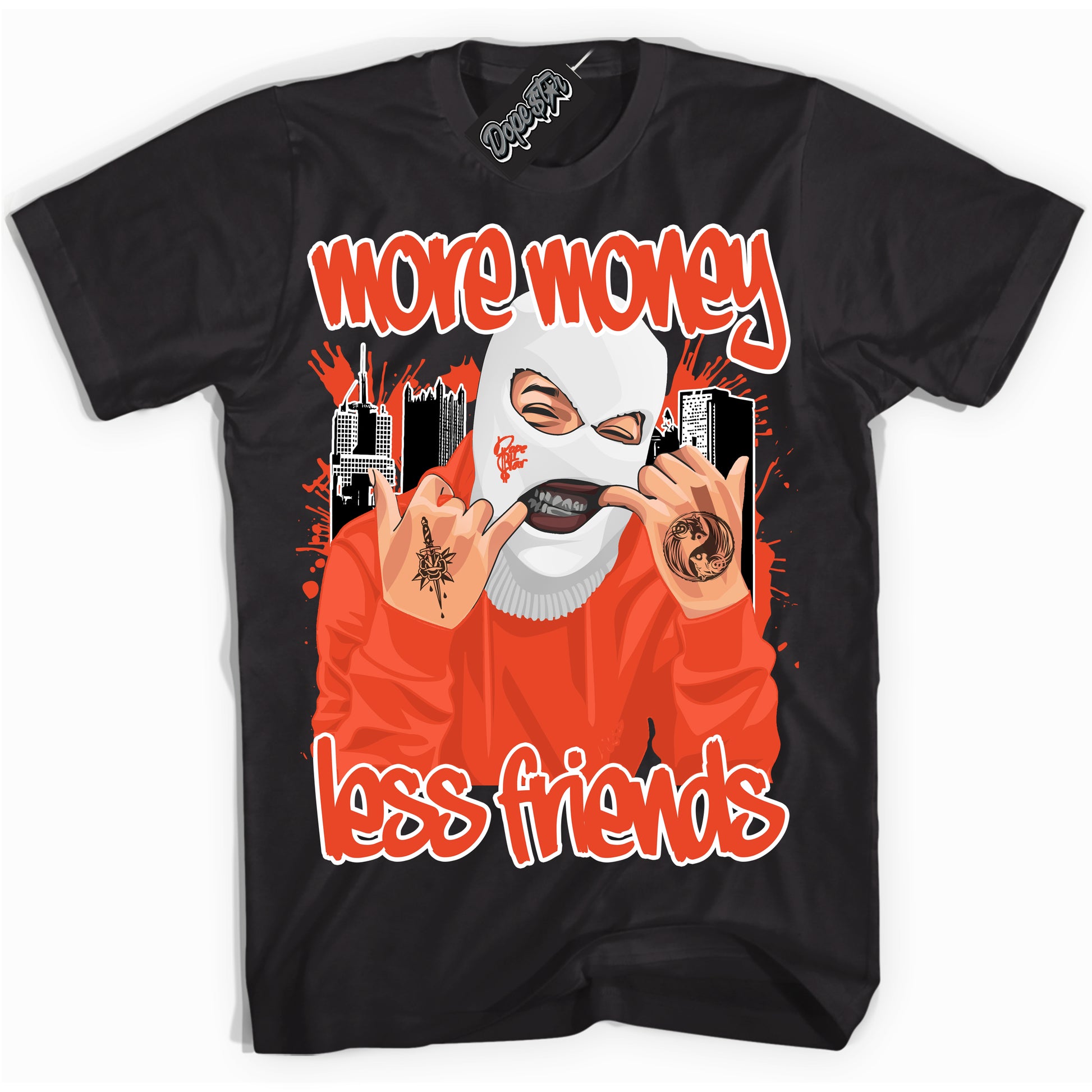 Cool Black Shirt with “More Money Less Friends” design that perfectly matches Cosmic Clay Dunk.