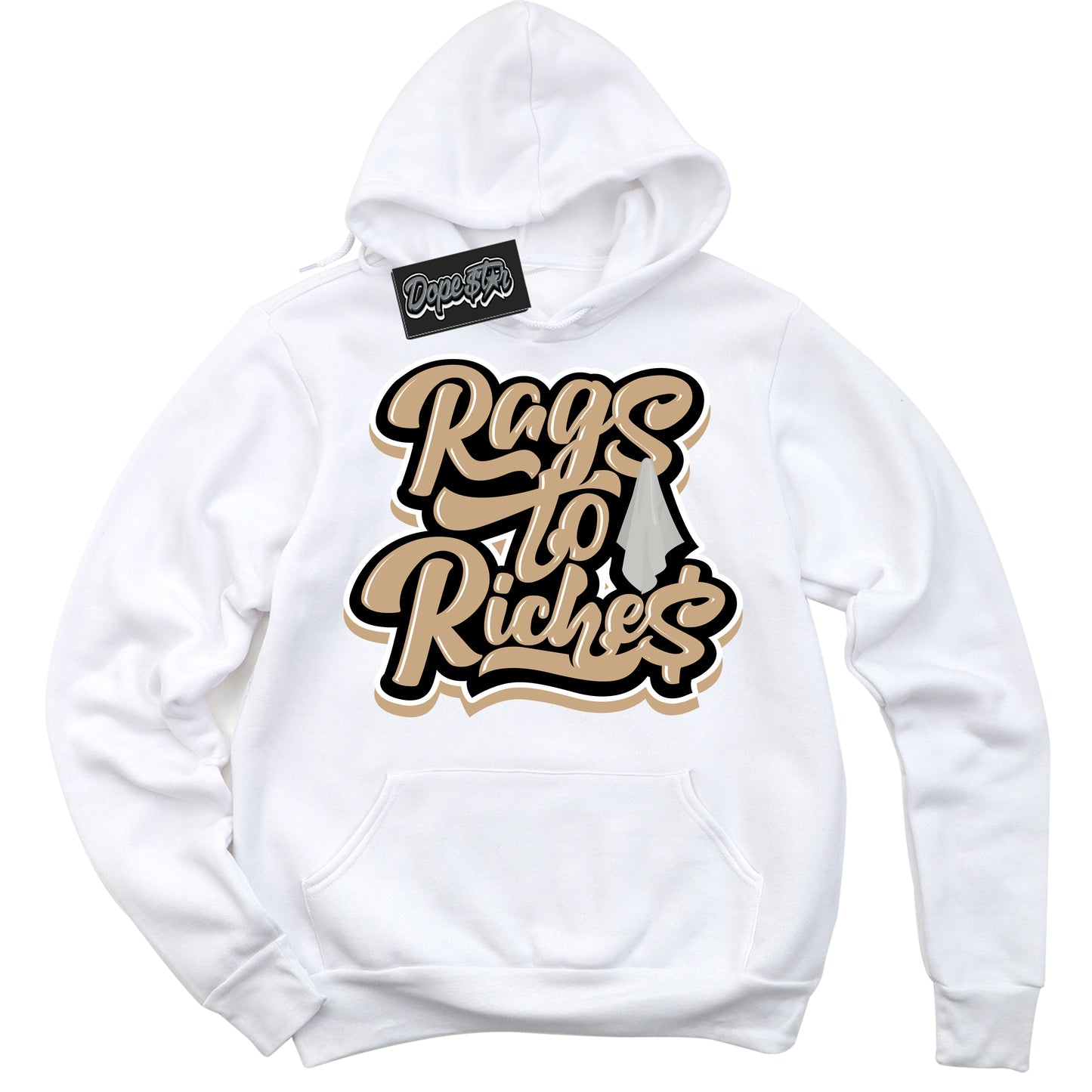 Cool White Hoodie with “Rags To Riches” design that Perfectly Matches Black Anthracite Sesame Dunk.