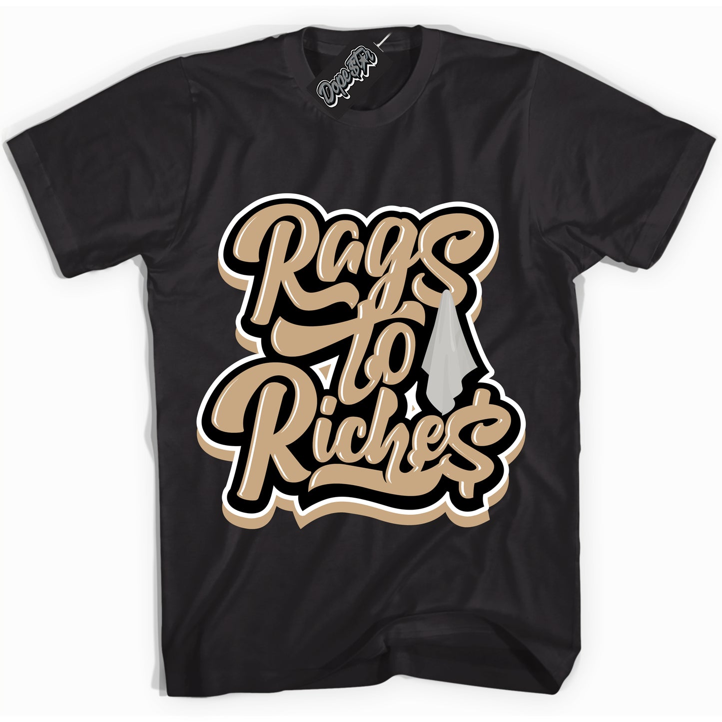 Cool Black Shirt with “Rags To Riches” design that perfectly matches Black Anthracite Sesame Dunk.