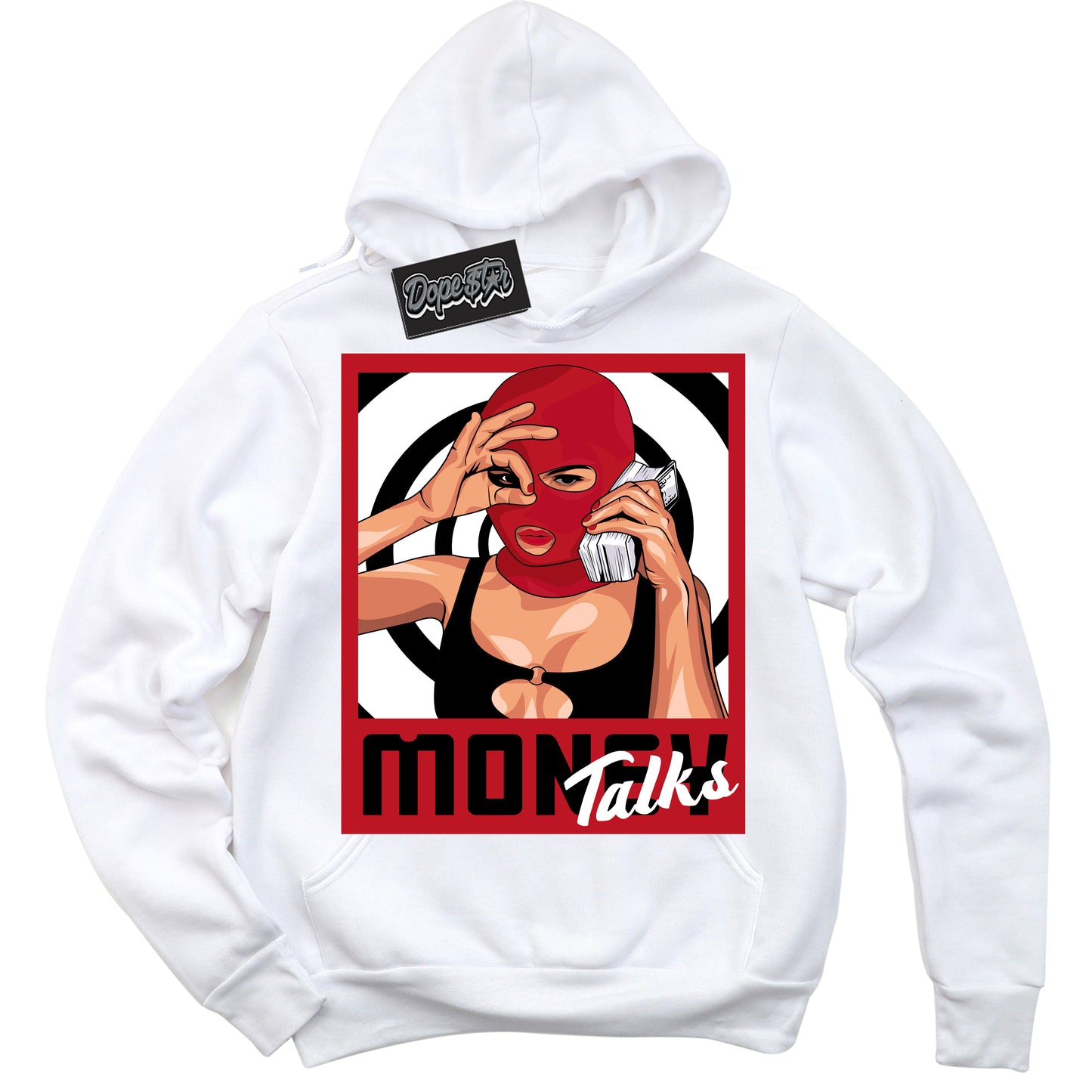 Cool White Hoodie with “Money Talks” design that Perfectly Matches Black Dragon Red Dunk.