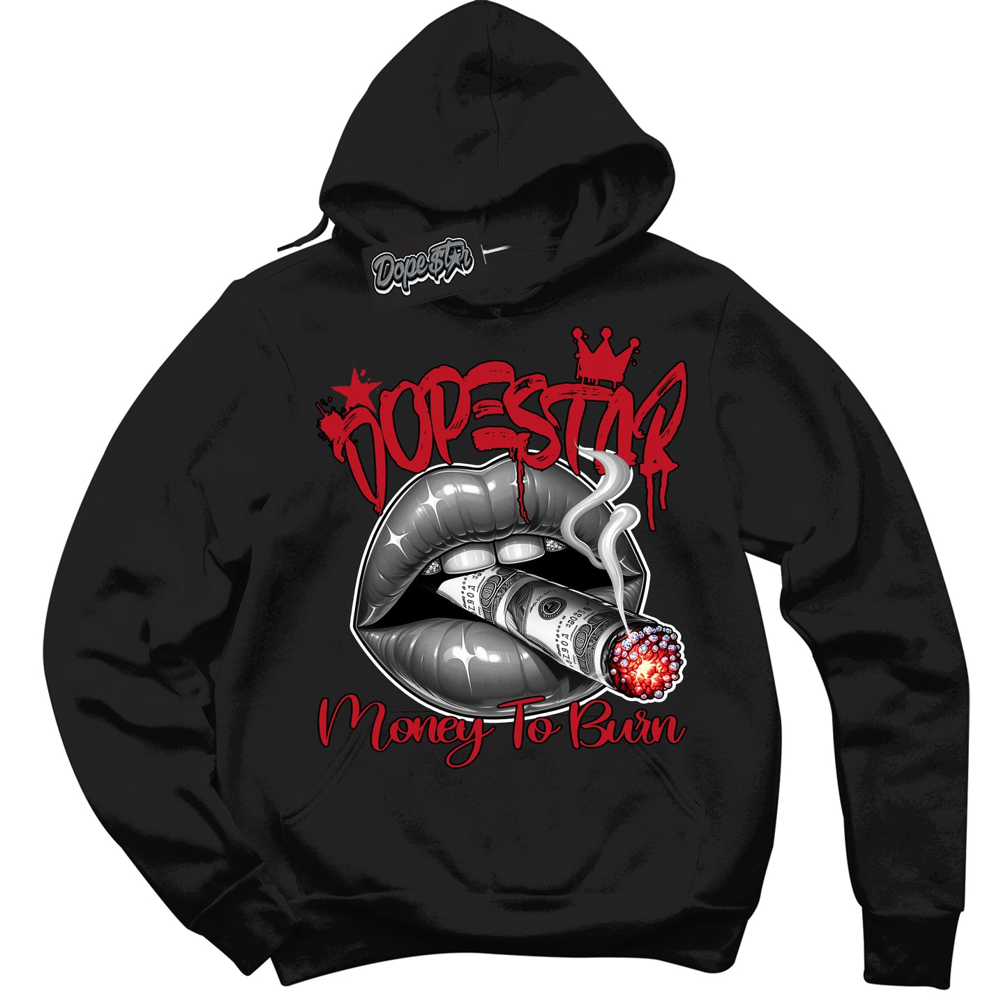 Cool Black Hoodie with “Money To Burn” design that Perfectly Matches Black Dragon Red Dunk.