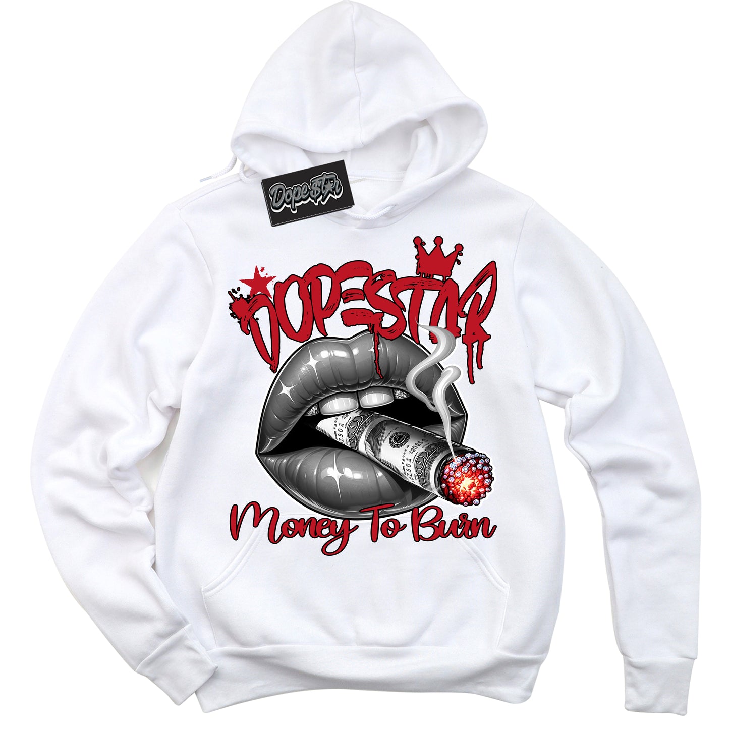 Cool White Hoodie with “Money To Burn” design that Perfectly Matches Black Dragon Red Dunk.