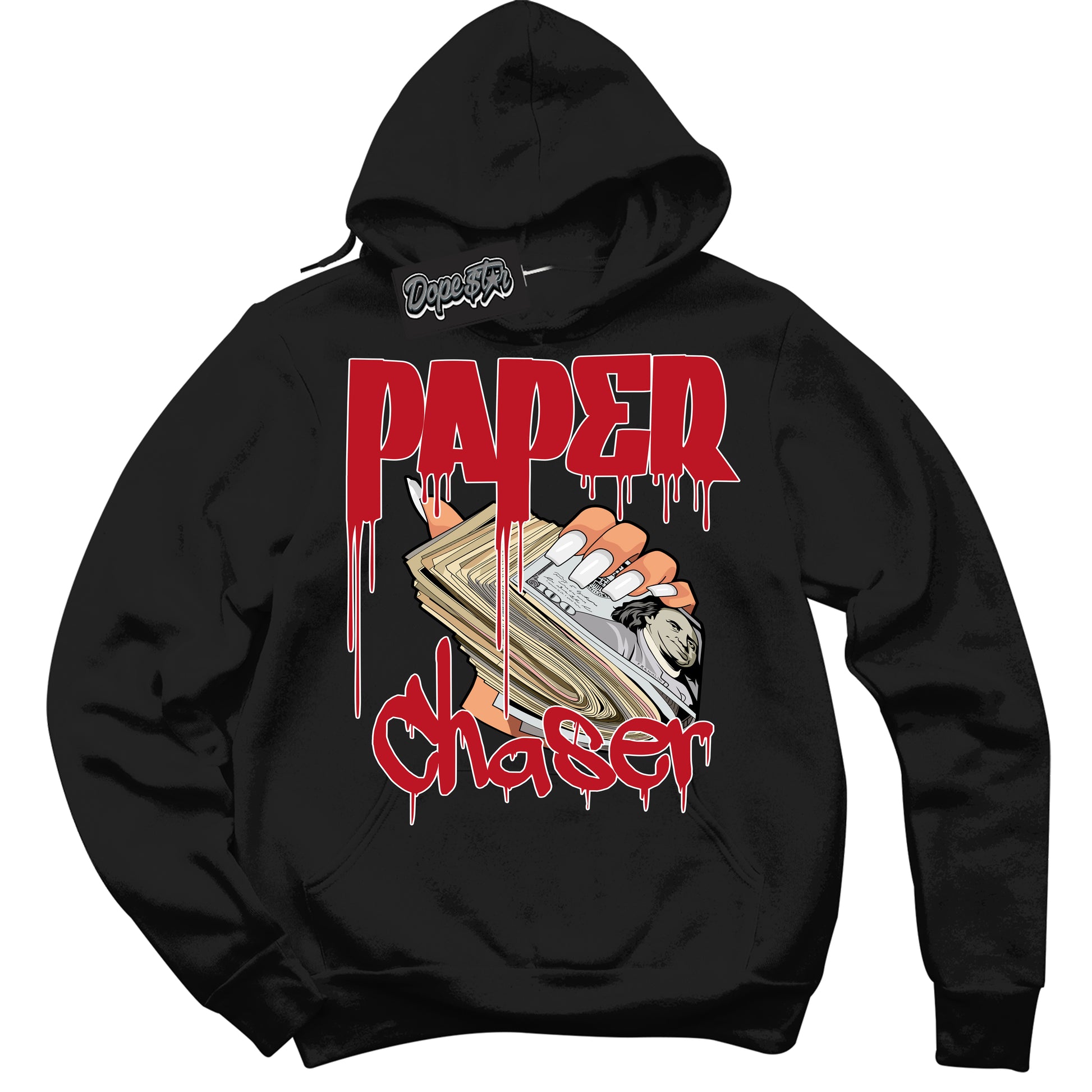 Cool Black Hoodie with “Paper Chaser” design that Perfectly Matches Black Dragon Red Dunk.
