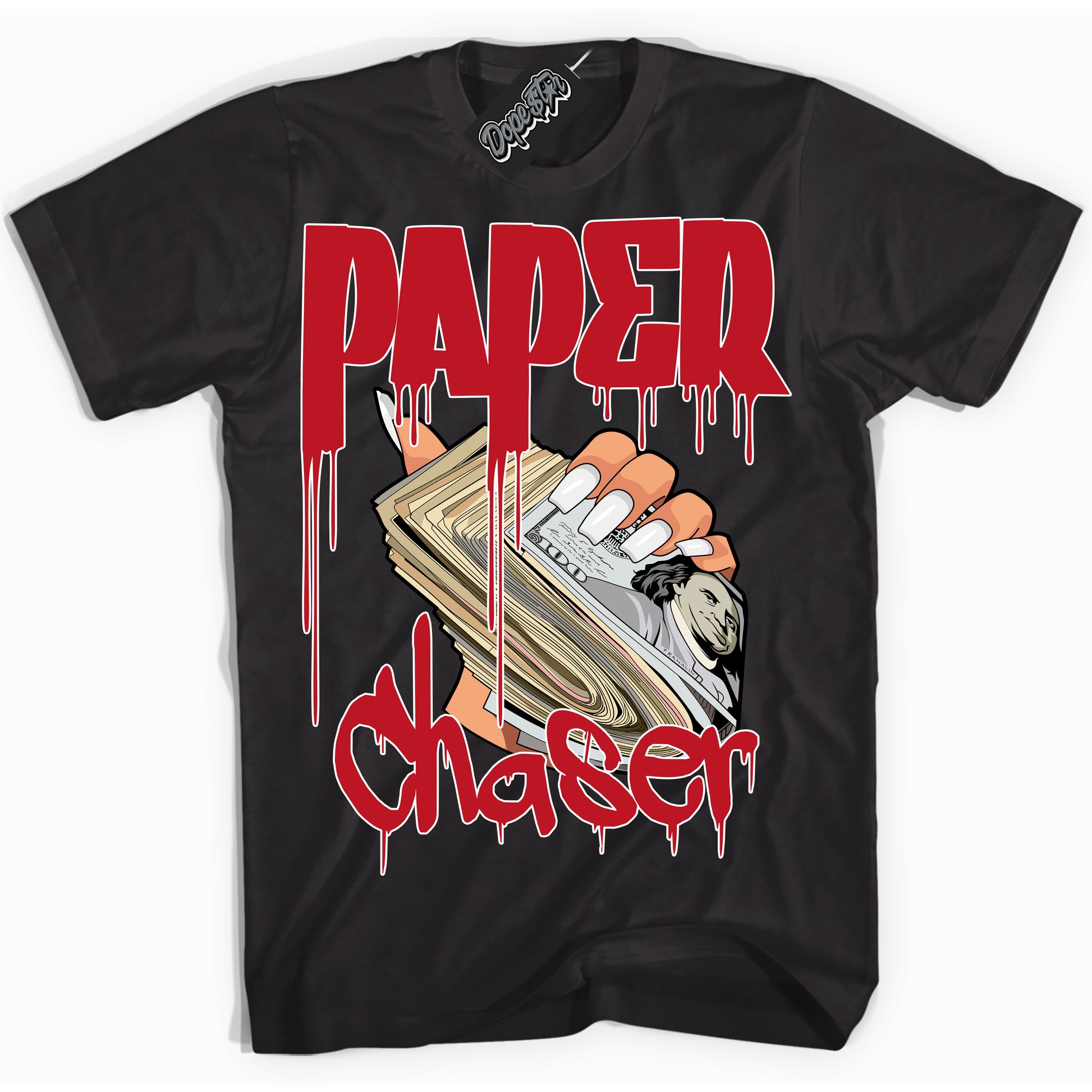 Cool Black Shirt with “Paper Chaser” design that perfectly matches Black Dragon Red Dunk.