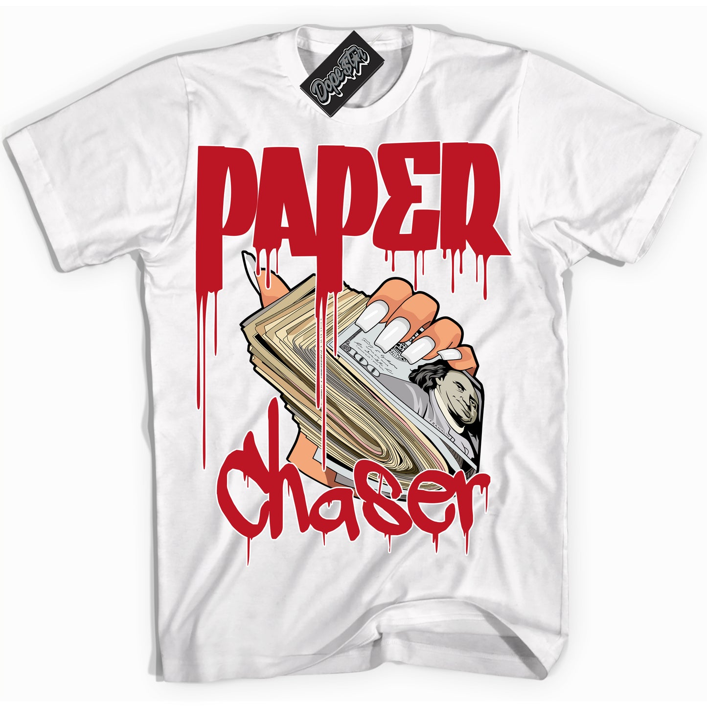 Cool White Shirt with “Paper Chaser” design that perfectly matches Black Dragon Red Dunk.