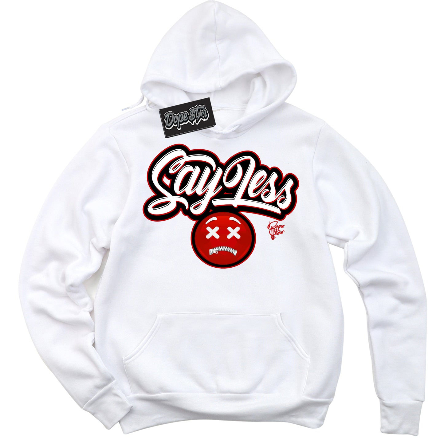 Cool White Hoodie with “Say Less” design that Perfectly Matches Black Dragon Red Dunk.