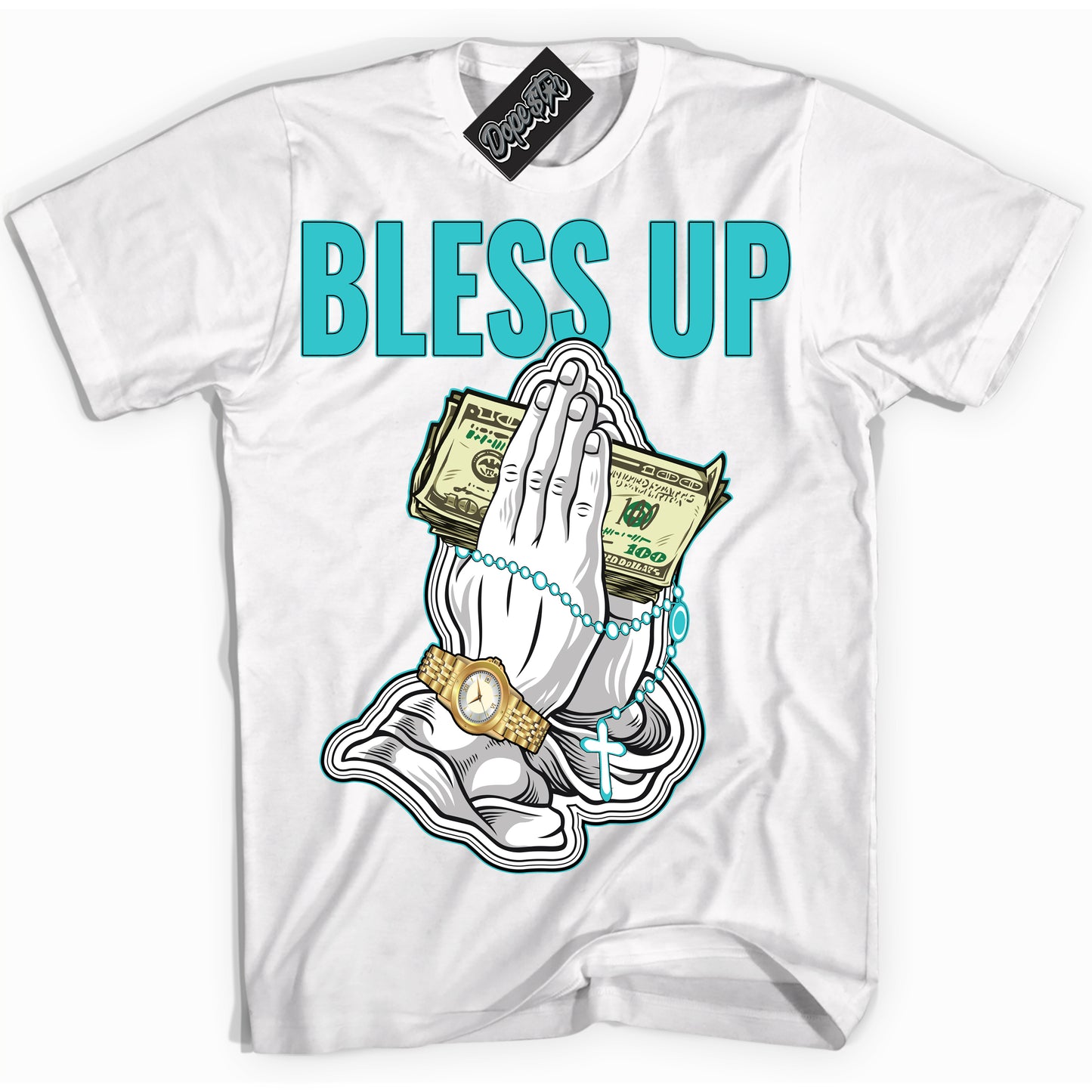 Cool White Shirt with “Bless Up” design that perfectly matches Black Dusty Cactus Dunk.
