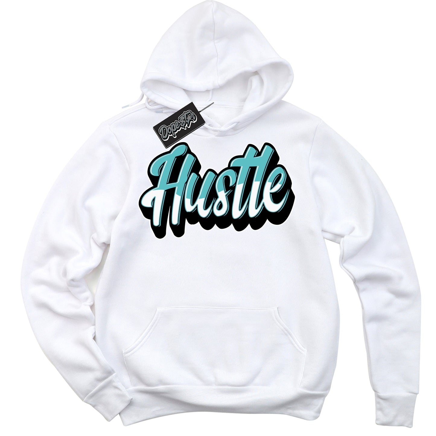 Cool White Hoodie with “Hustle” design that Perfectly Matches Black Dusty Cactus Dunk.
