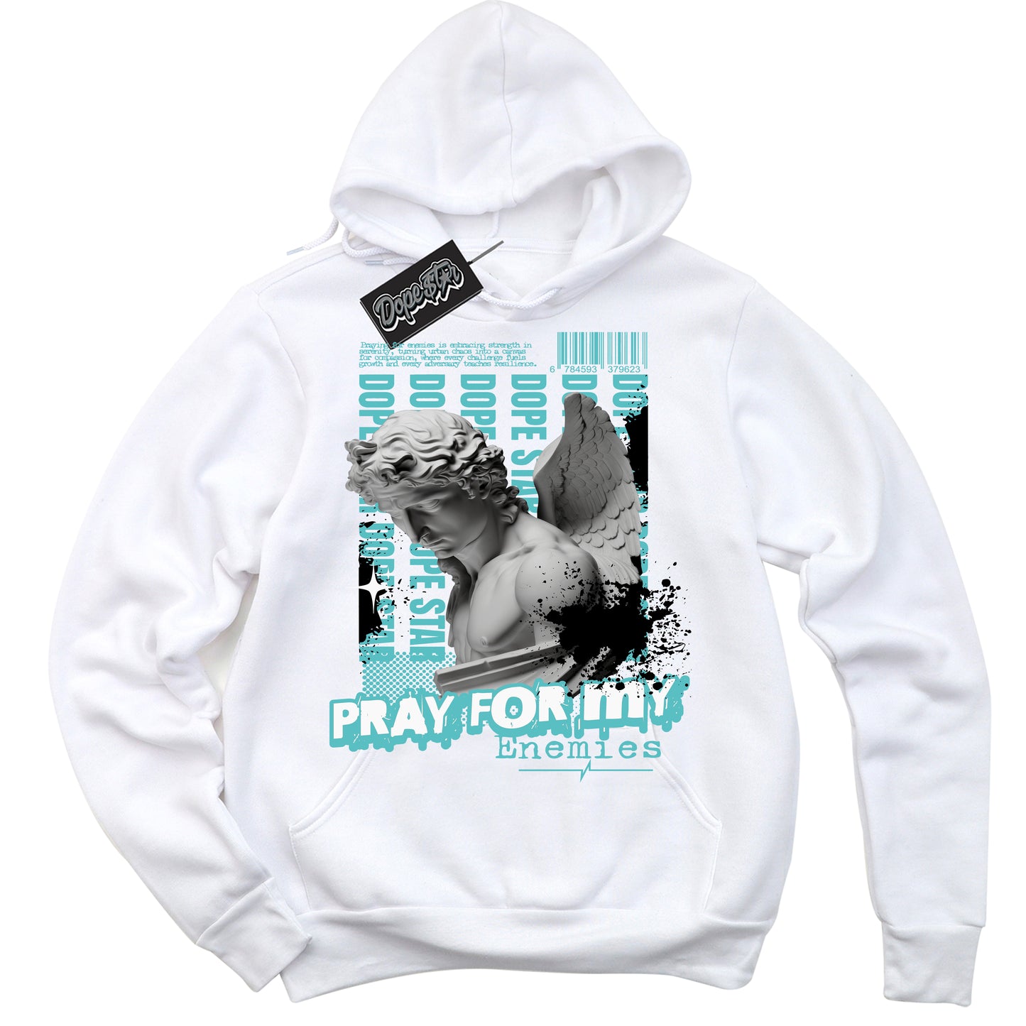Cool White Hoodie with “Pray Enemies” design that Perfectly Matches Black Dusty Cactus Dunk.
