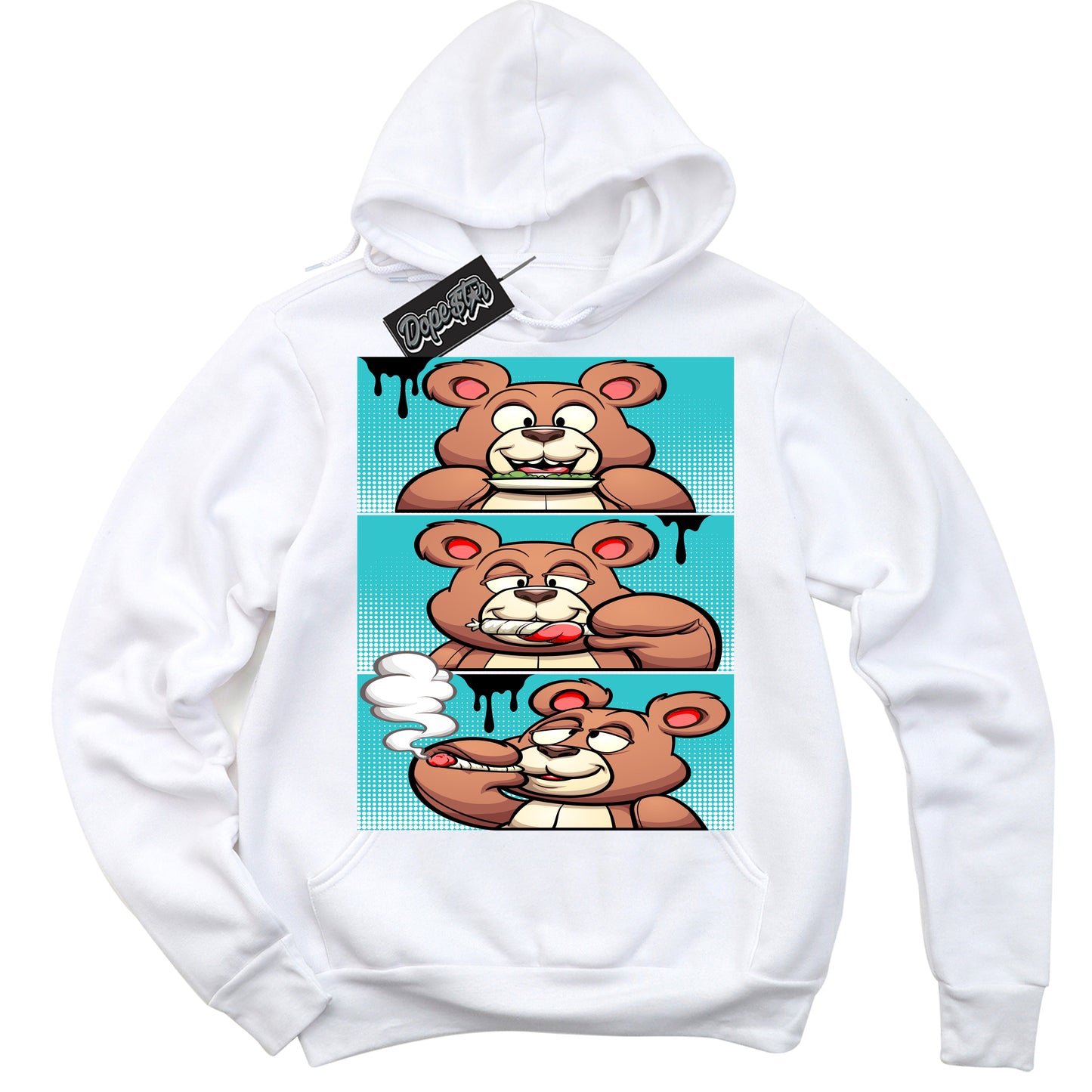 Cool White Hoodie with “Roll It Lick It Smoke It Bear” design that Perfectly Matches Black Dusty Cactus Dunk.
